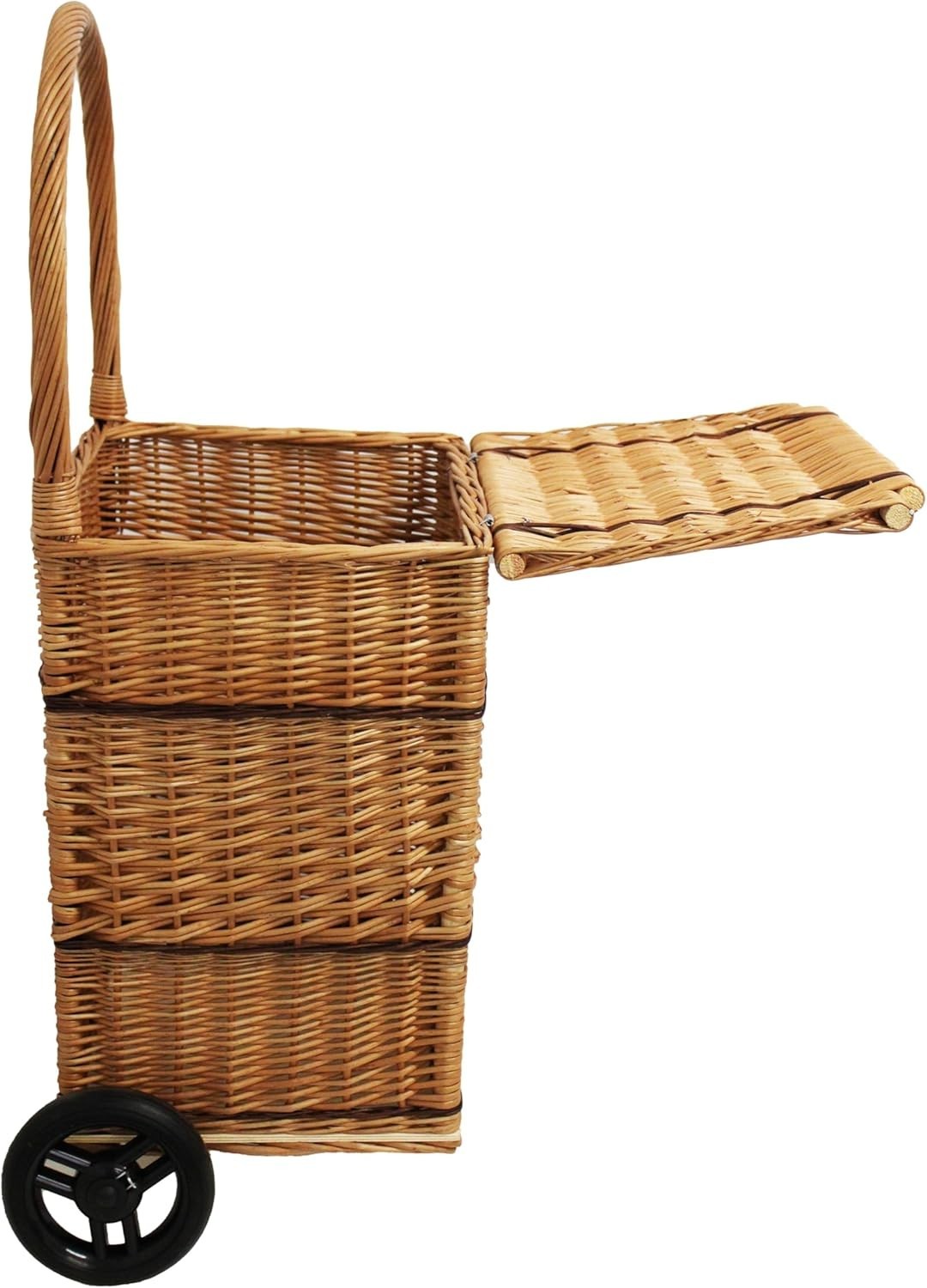 Wicker Shopping Trolley Basket with Lid & Wheels | Natural Log Holder
