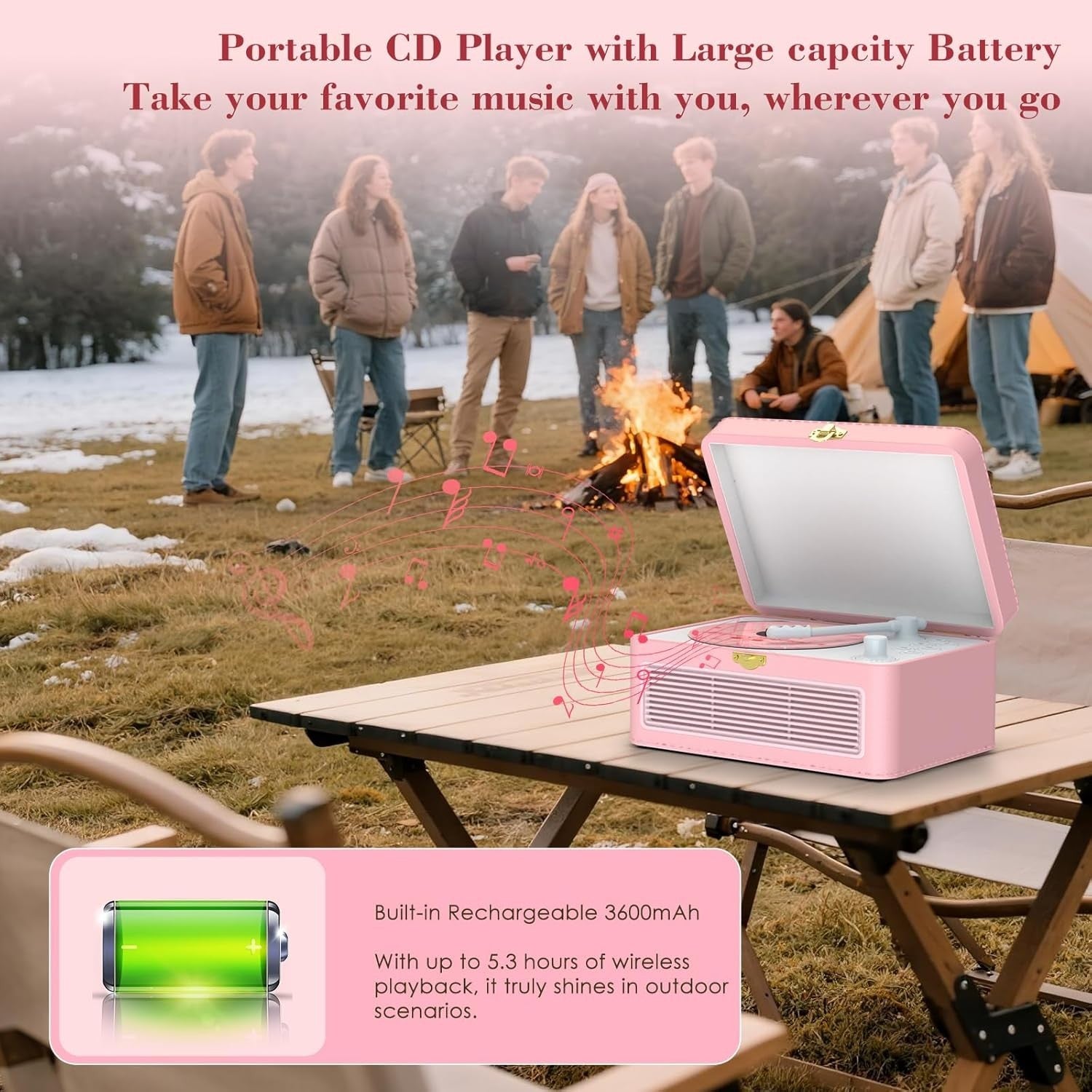 Retro Bluetooth CD Player FM Radio USB AUX HiFi Speakers Pink PU