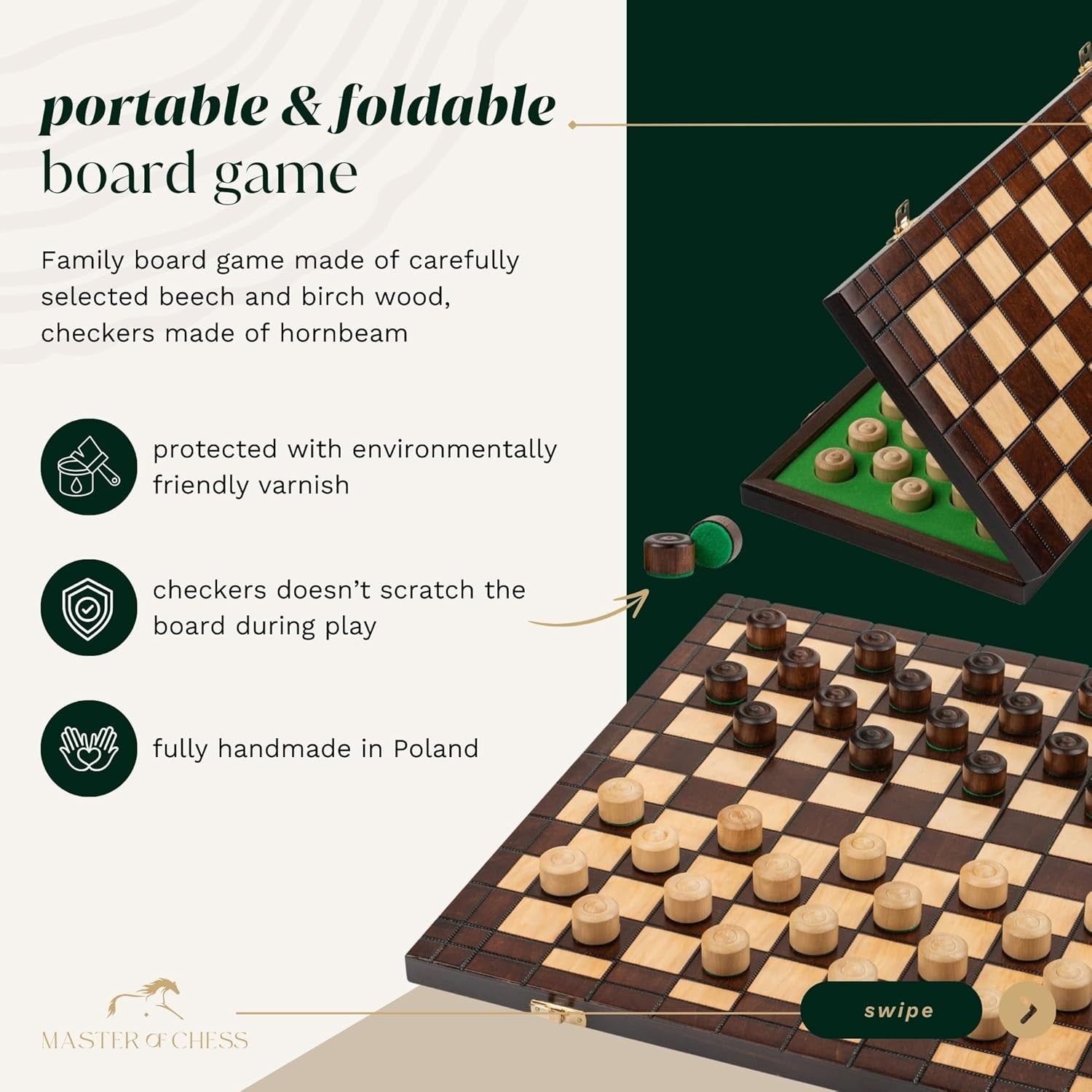 39cm Wooden Checkers Board | XXL 100-Square Folding Draughts Set | Travel Game