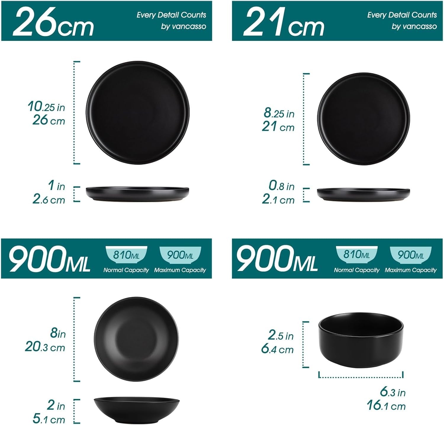 48pc Black Dinner Set Plates Bowls Matte Stoneware Crockery Service for 12