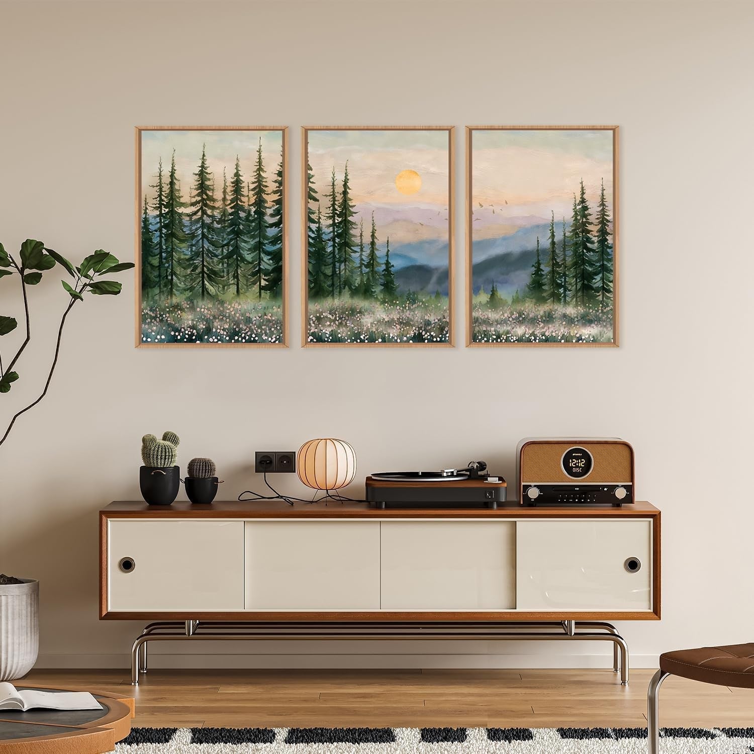 Boho Sunset Forest Framed Canvas Wall Art Set 3 Green Pine Mountain Decor