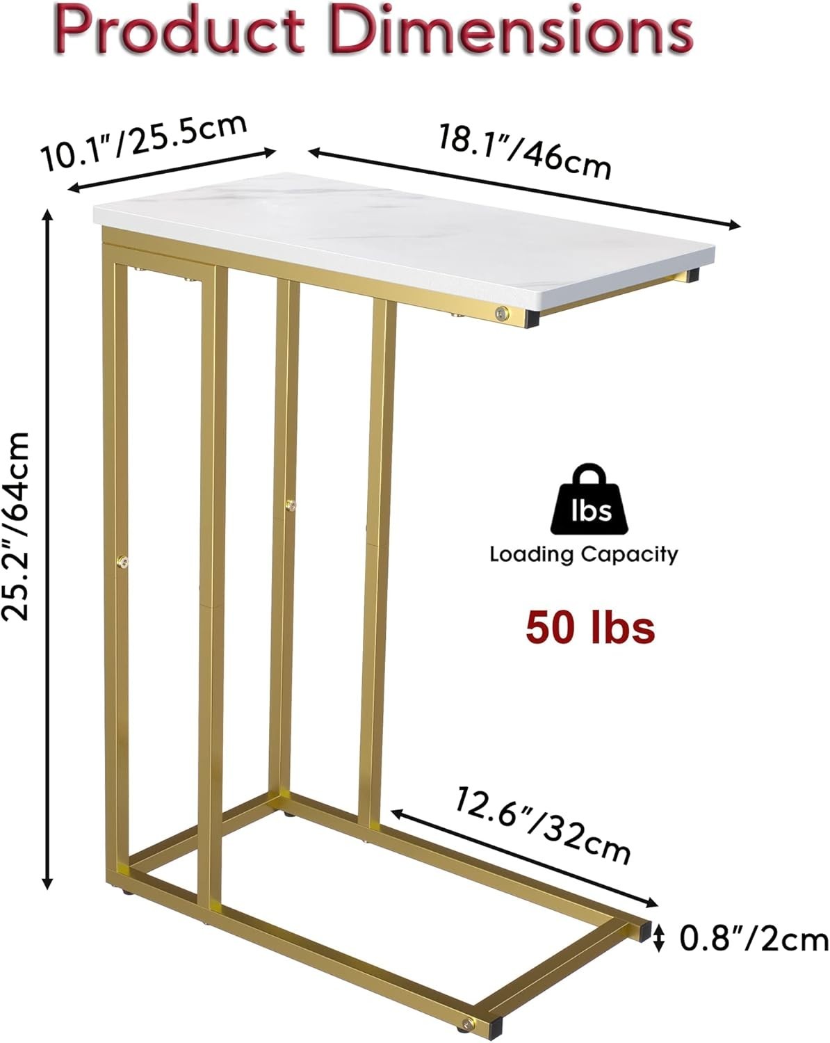 Slim C-Shaped Side Table with Marble Top, Slide Under Sofa Bed, Stylish & Sturdy