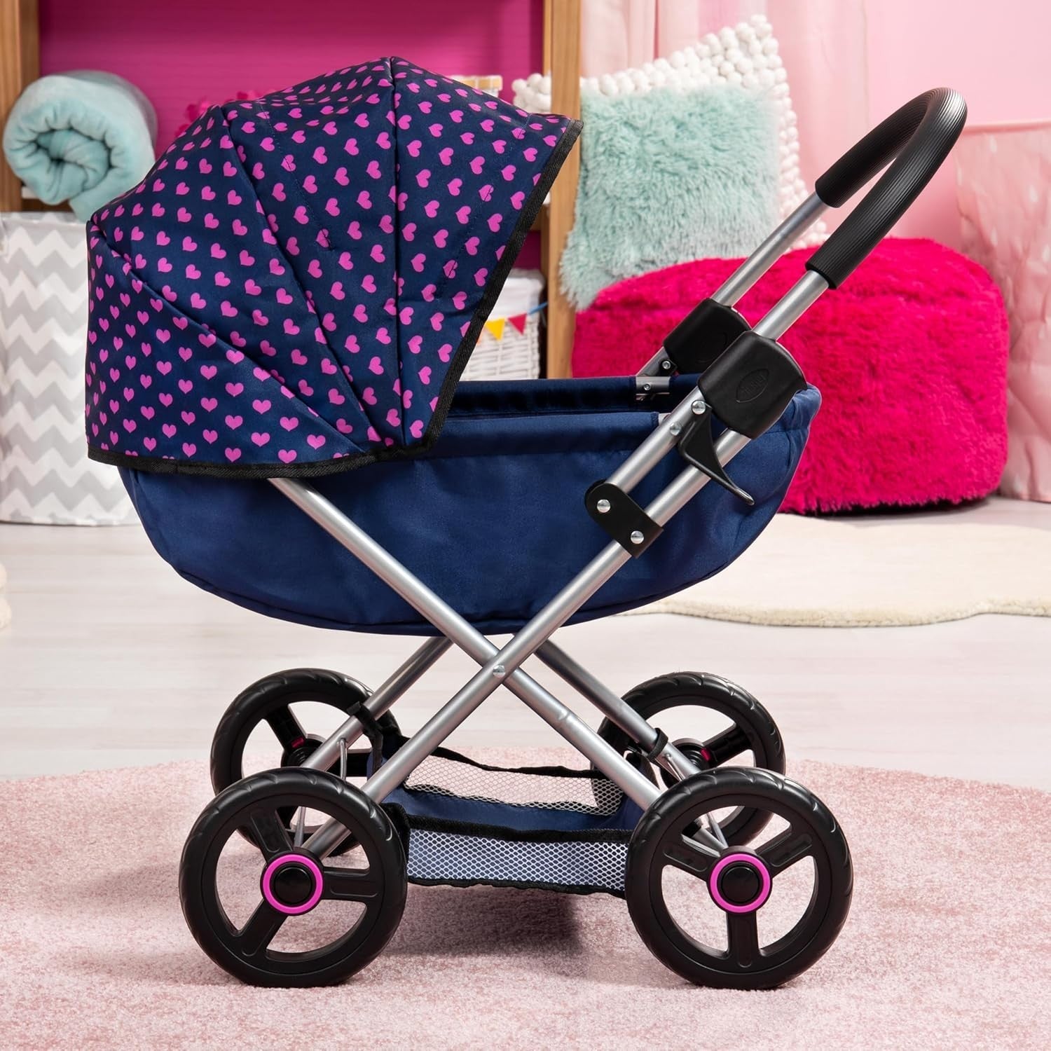 Dolls Pram Cosy Pushchair Foldable with Bag Blanket Pillow Basket