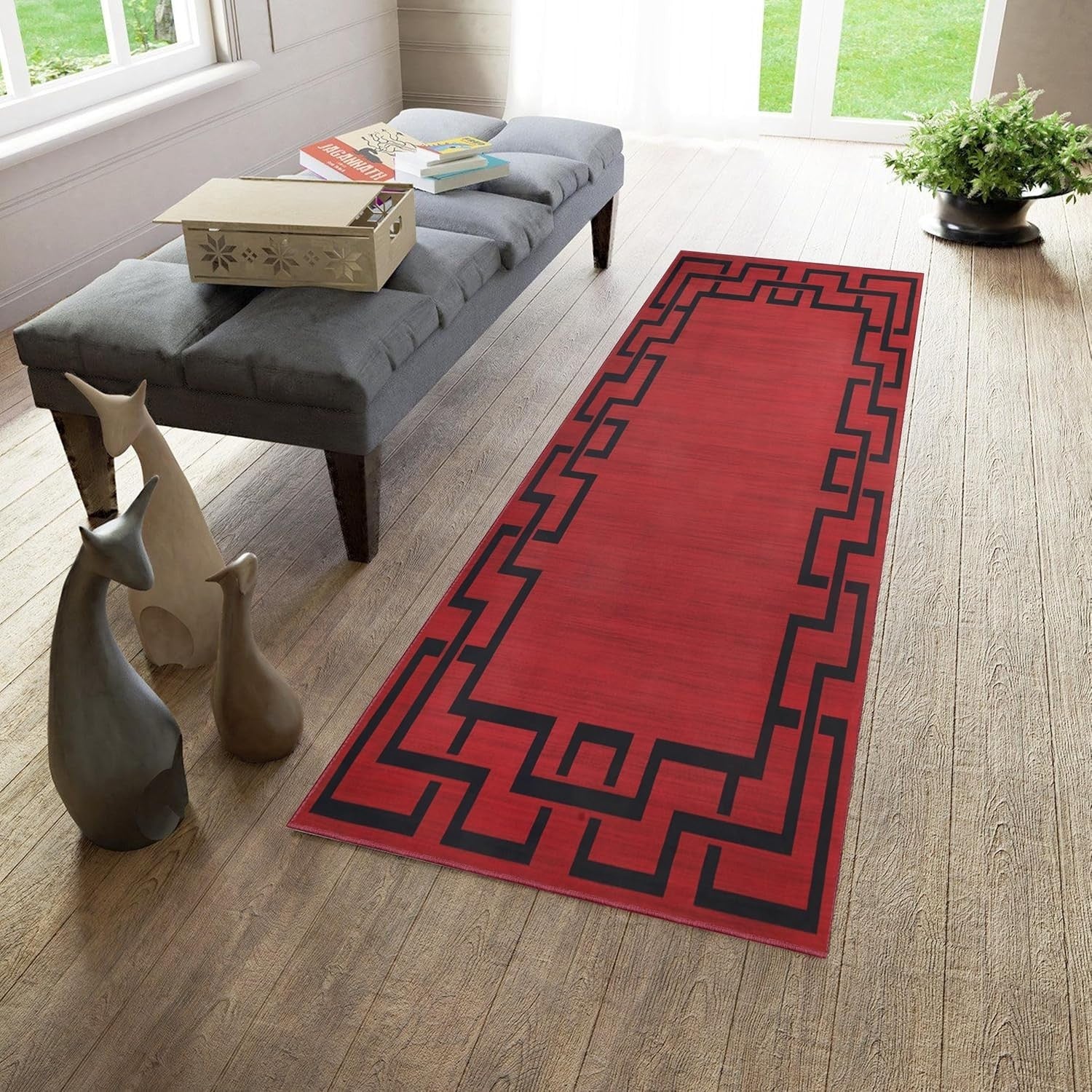 Red Runner Rug 80x300cm Non Slip Hallway Low Pile Greek Key Modern Carpet