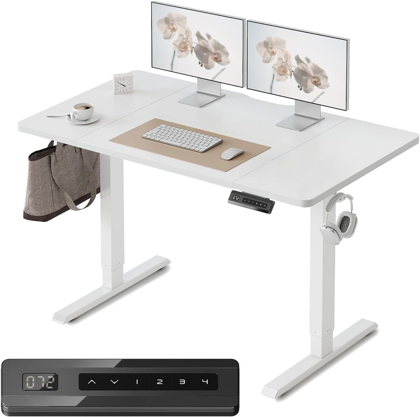 White 120x60cm Electric Standing Desk with Memory Control & Quiet Motor