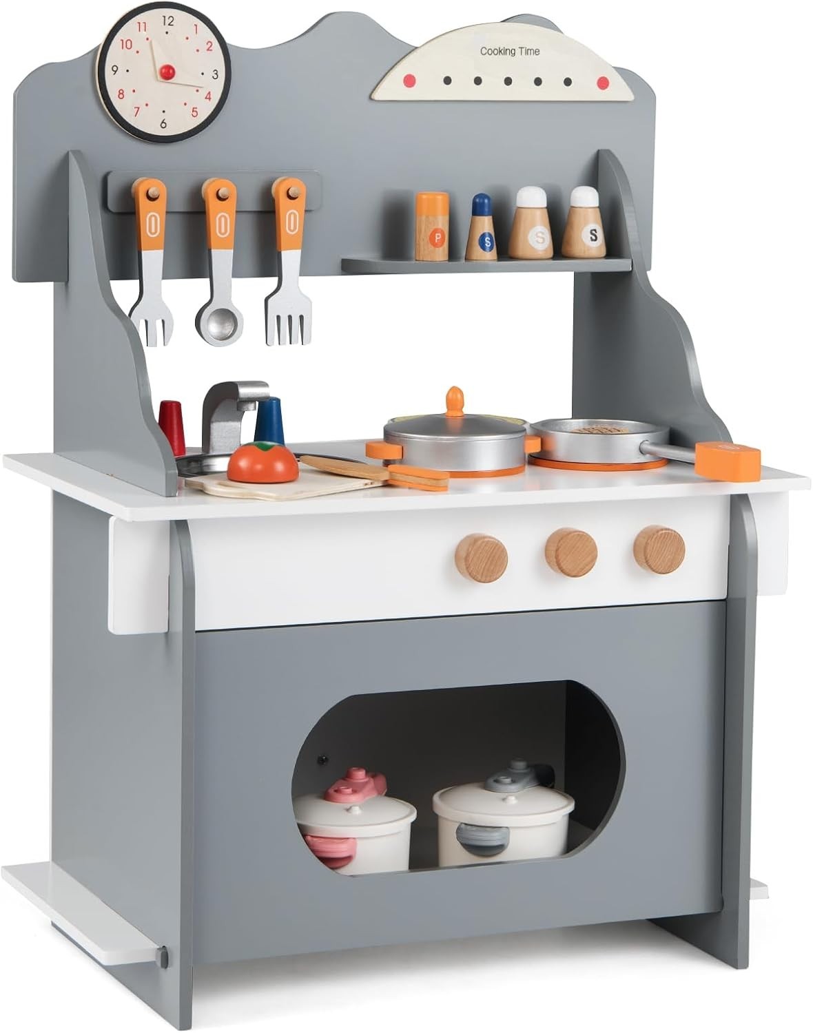 Wooden Kids Play Kitchen Grey Toy Set Stove Sink Oven Accessories