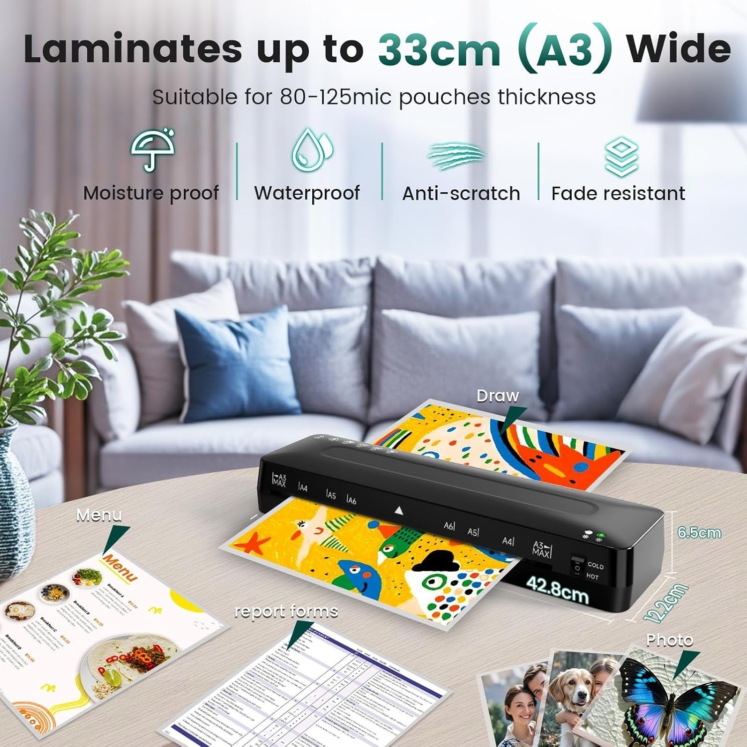 A3 Laminator Machine Hot Cold Fast Warm Up Anti Jam 5-in-1 + Trimmer