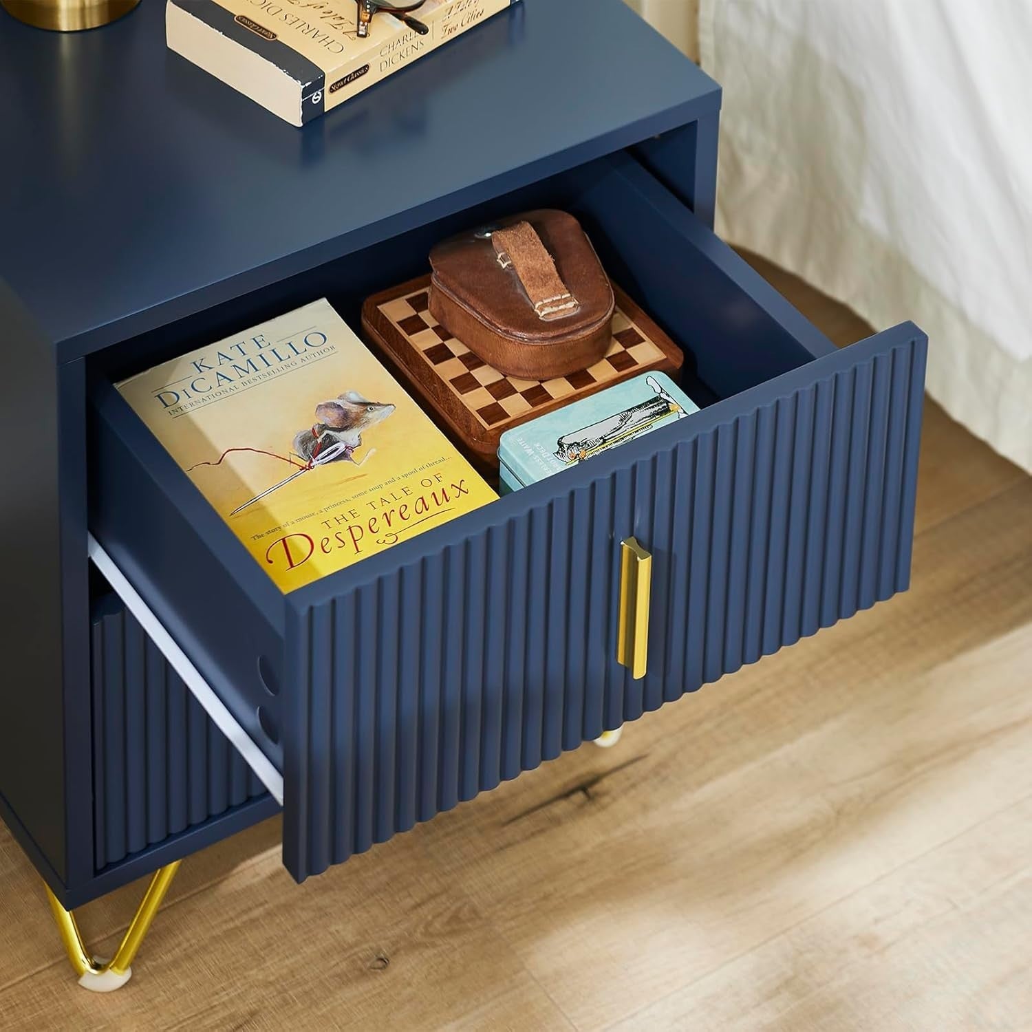 Blue Bedside Table with 2 Drawers & Gold Legs – Modern Nightstand