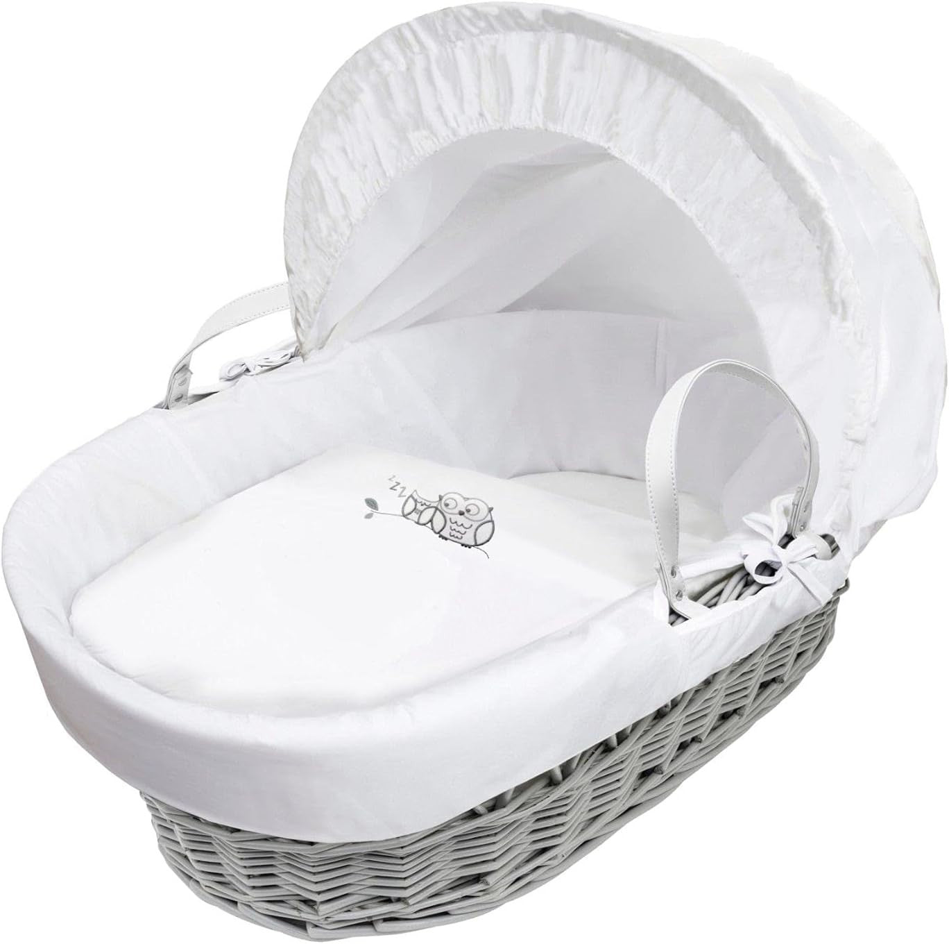 Embroided  Wicker Moses Basket Adjustable Hood Rocking Stand Owl Grey