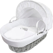 Embroided  Wicker Moses Basket Adjustable Hood Rocking Stand Owl Grey