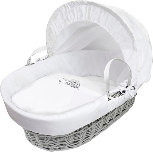 Embroided  Wicker Moses Basket Adjustable Hood Rocking Stand Owl Grey