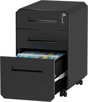 Black Mobile Filing Cabinet 3 Drawer Lockable 64cm Rolling Office