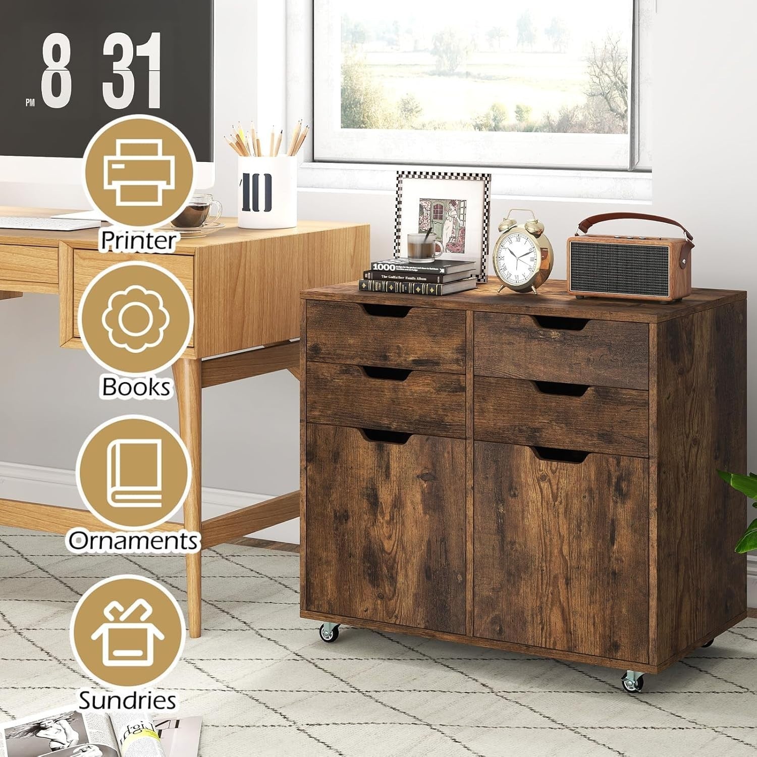 Rustic Mobile File Cabinet 4 Drawer 2 Door Rolling Printer Stand