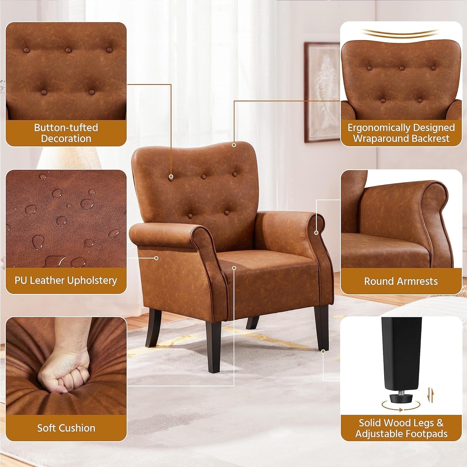 Retro Brown PU Leather Tub Chair Accent Armchair Padded Living Room Seat