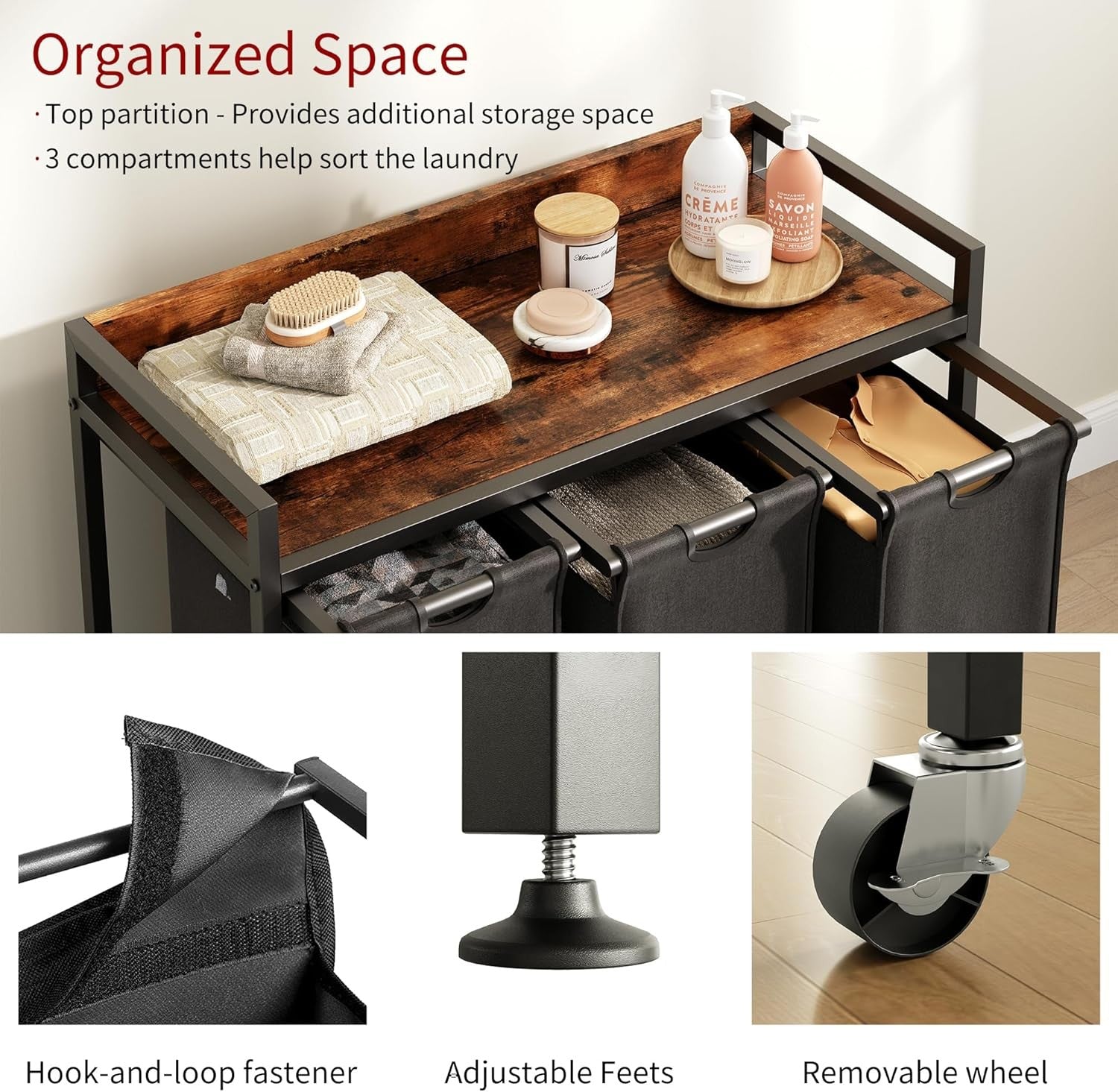 3 Section Laundry Basket with Shelf Removable Bags Wheels Rustic Brown Black
