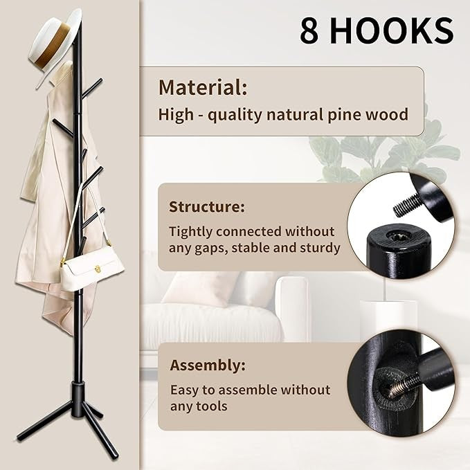 Black Bamboo Coat Rack Freestanding with 8 Hooks | Modern Hall Tree Stand