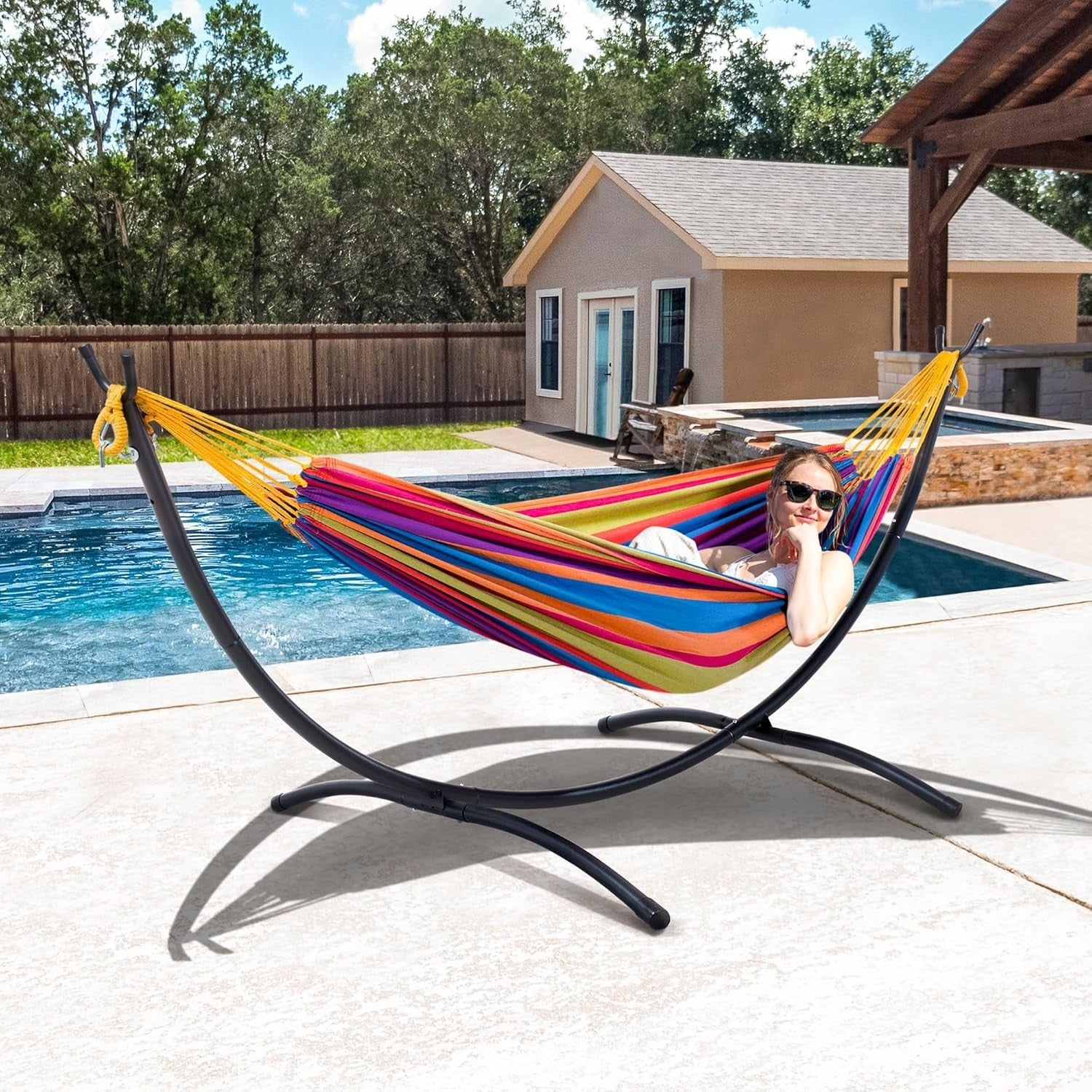 2 Person Hammock with Stand | 475lb Capacity | Portable Outdoor Bed | Rainbow