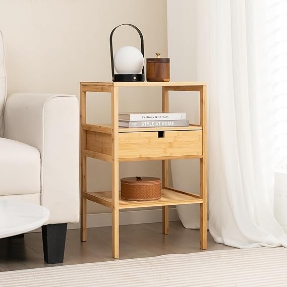 Bamboo Bedside Tables Set of 2 – 3-Tier Nightstands with Drawer & Shelves