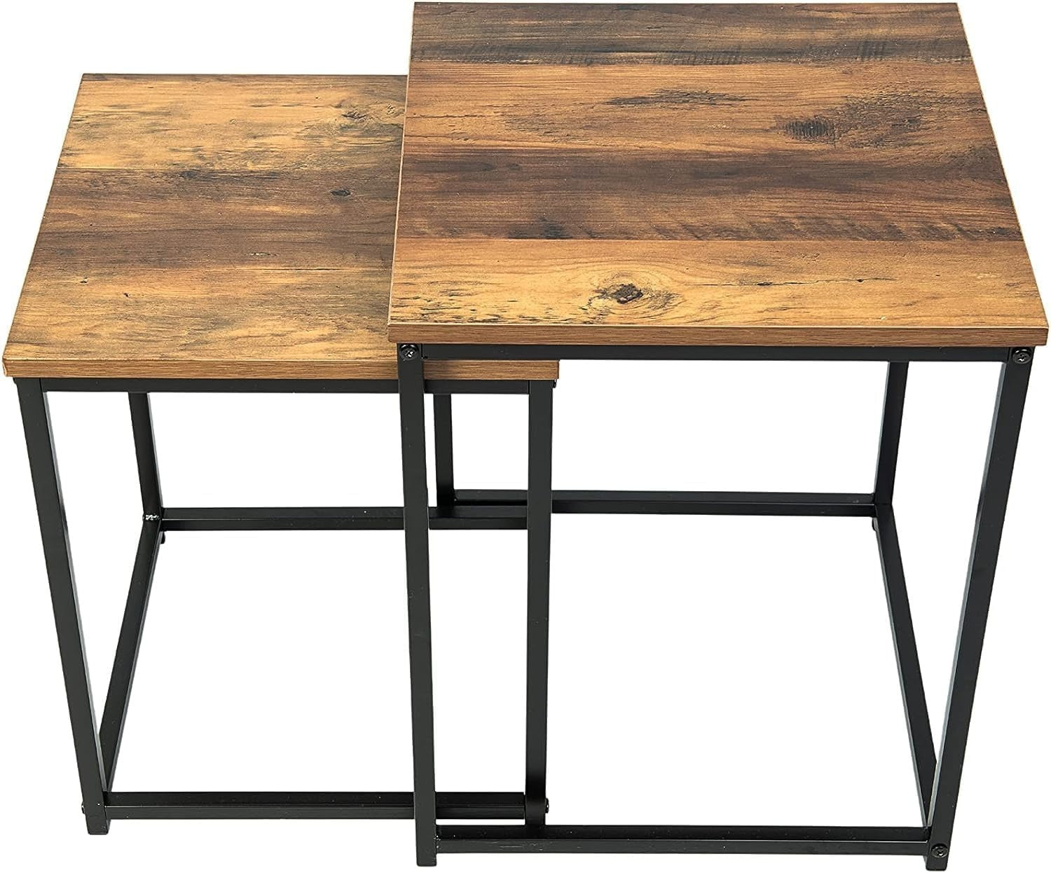 2X Square Nesting End Side Table Set Coffee Bedside Walnut Black Metal Frame