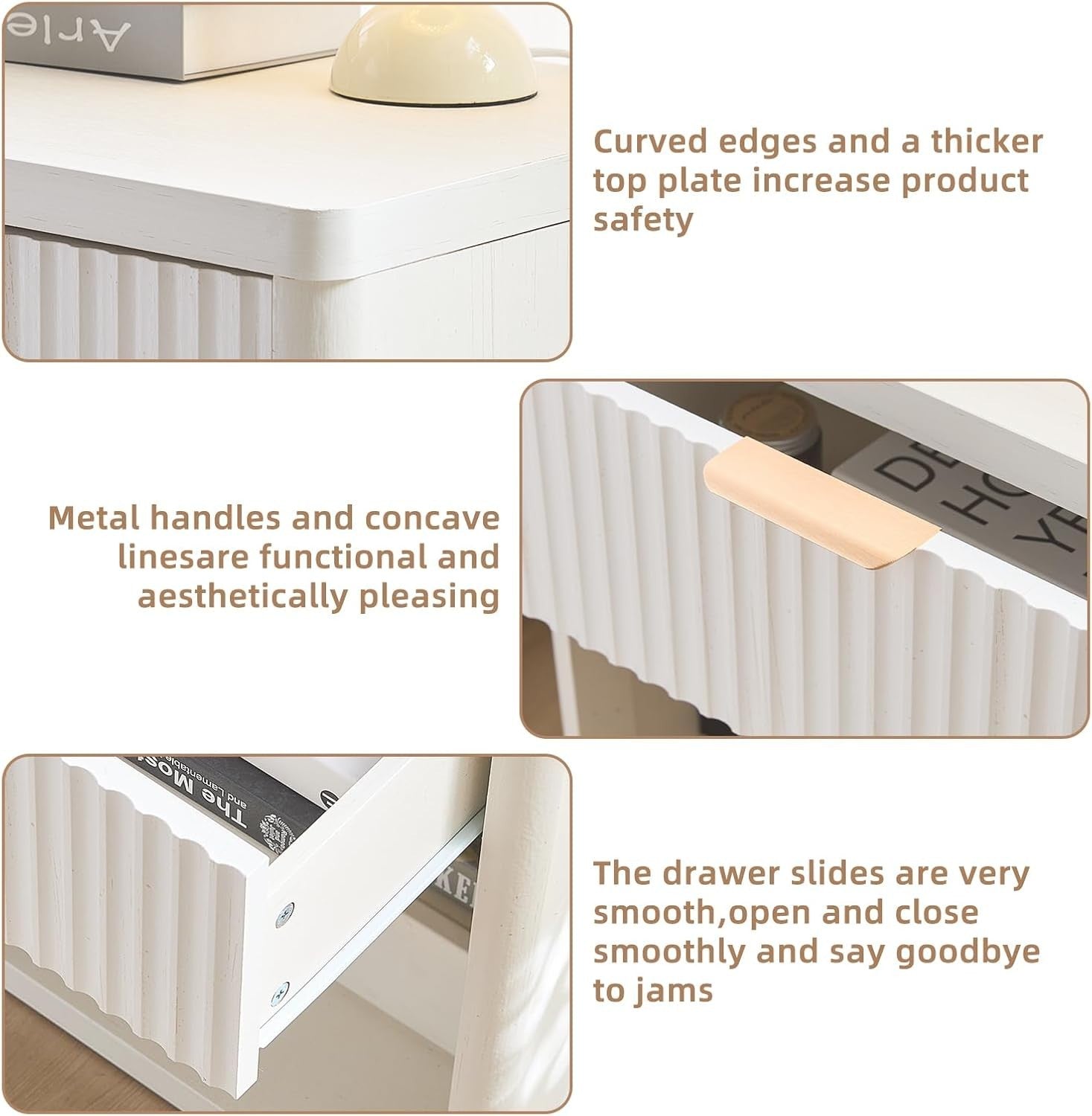 White Fluted Bedside Table with Drawer Modern Nightstand Storage Cabinet