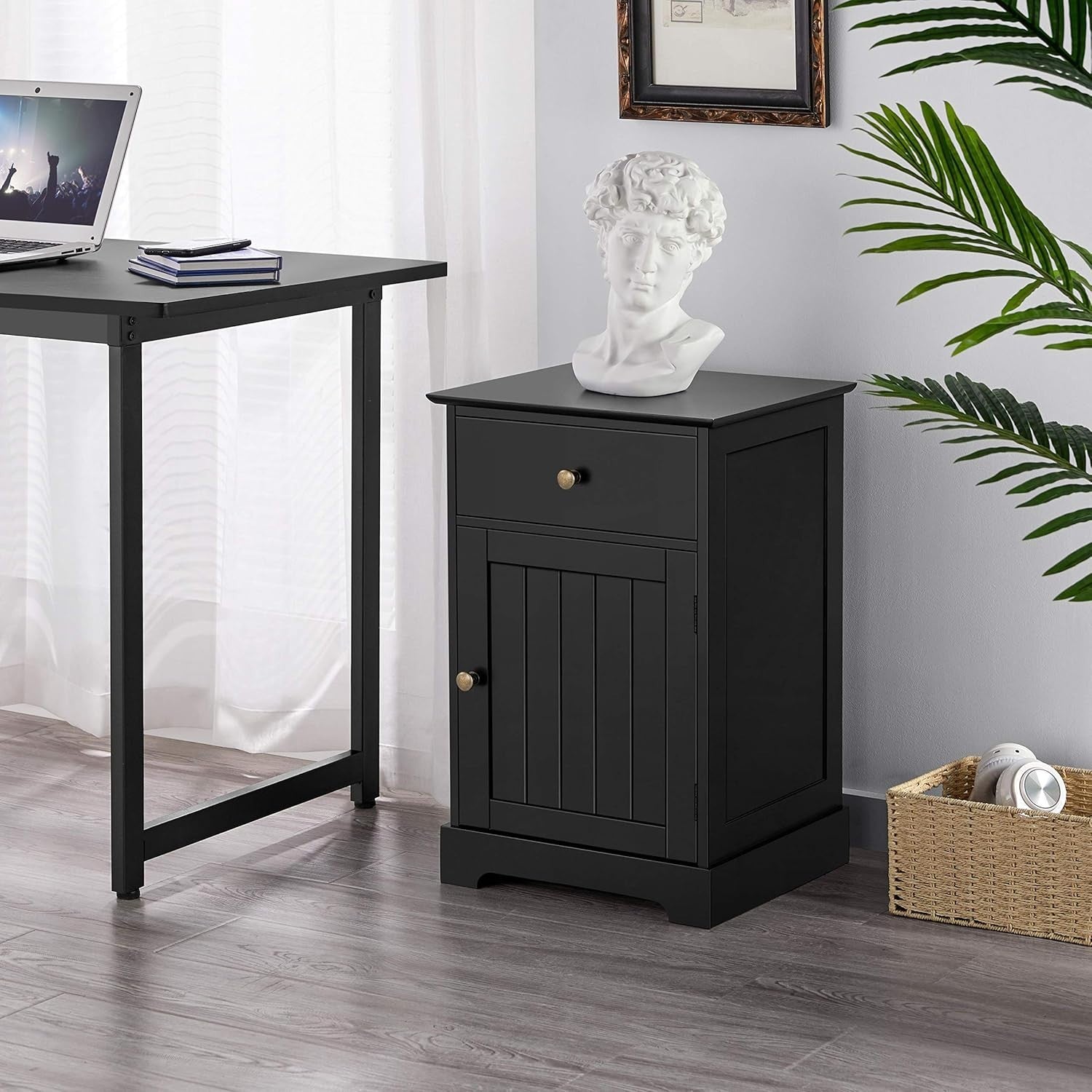 Black Wooden Bedside Tables Set of 2 with Drawer & Cupboard – Modern Nightstands