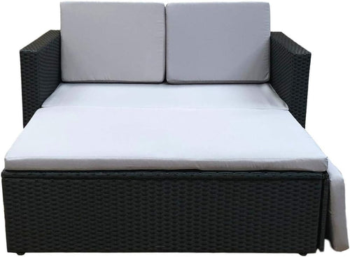 Outdoor Rattan Love Bed Sofa Set with Cushions Extendable Footstool Patio Lounge