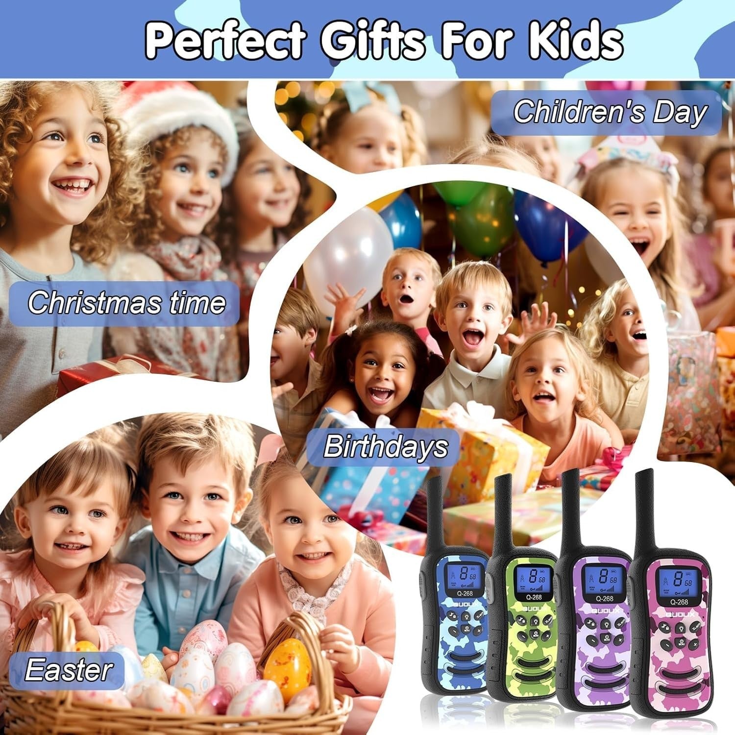 Kids Rechargeable Walkie Talkies Long Range 3KM VOX LED Torch Camo