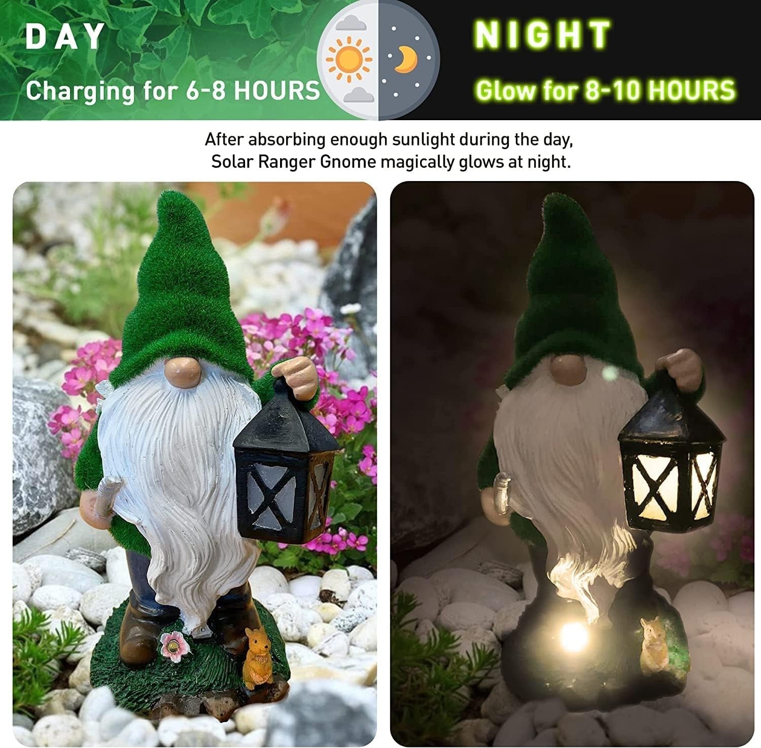Solar Gnome Ranger Garden Statue Outdoor LED Resin Figurine Patio Lawn Decor