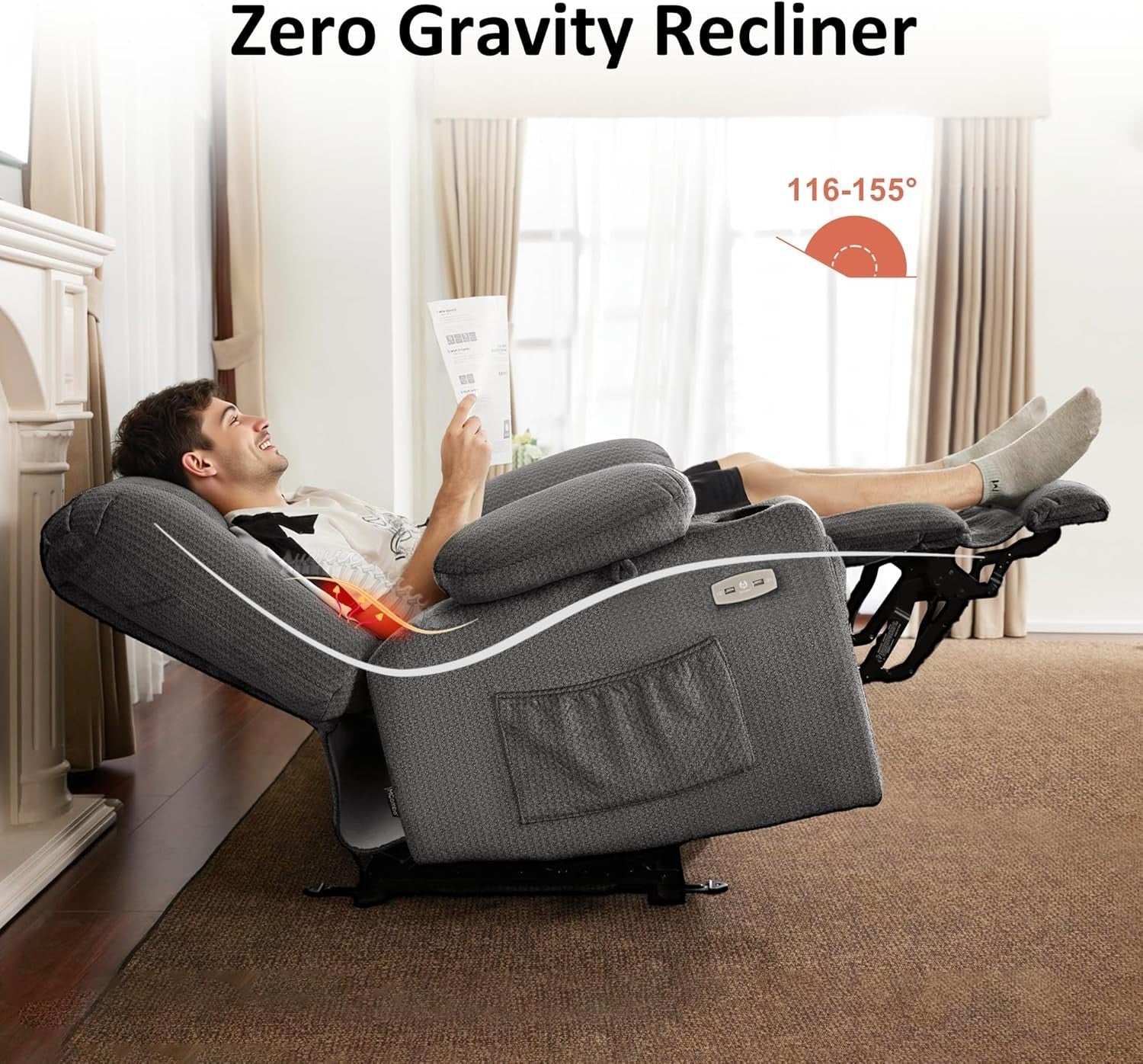 Zero Gravity Recliner Chair Massage Heat Extended Footrest USB Cup Holder Grey