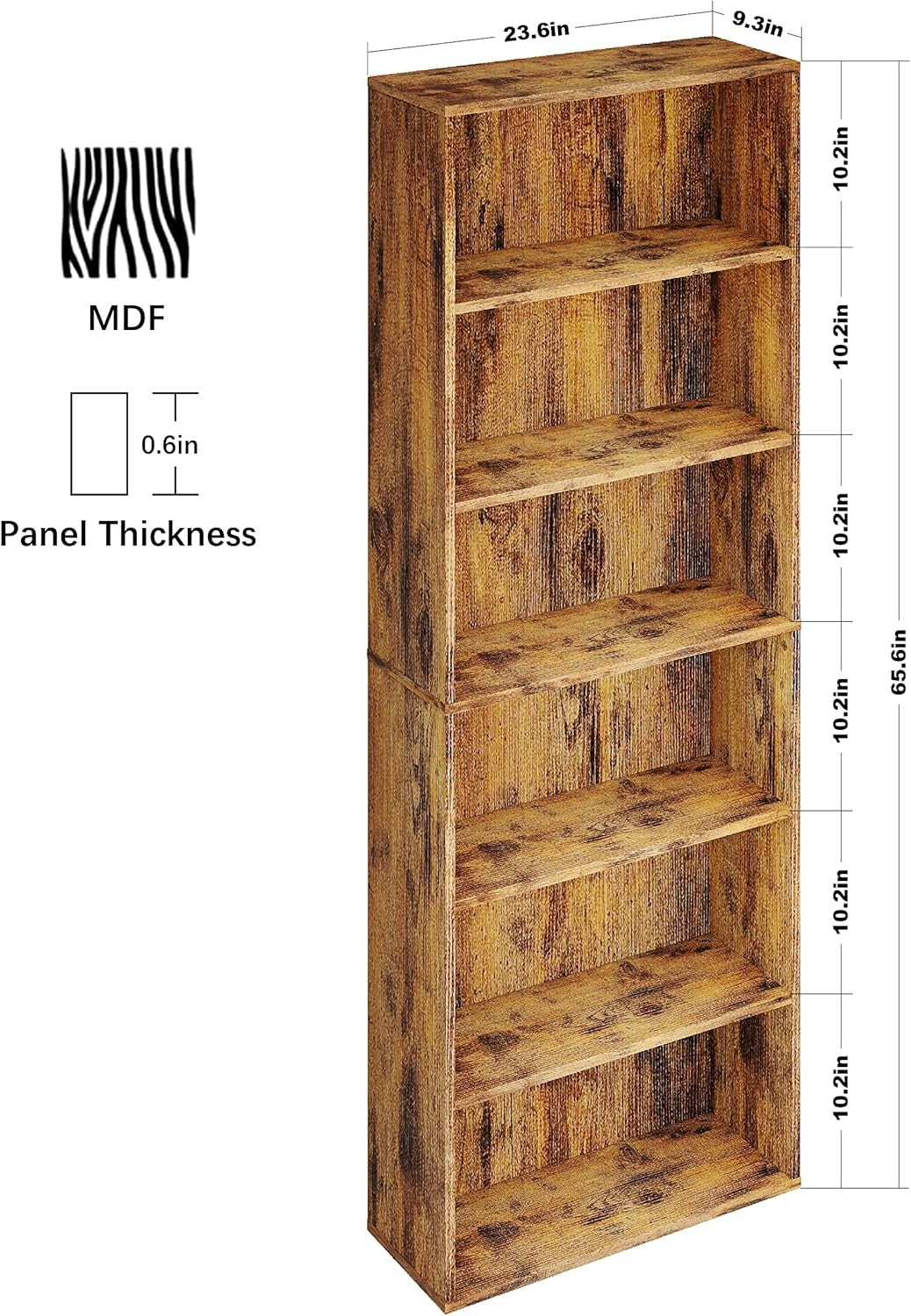 6-Tier Tall Wooden Bookcase Rustic Brown Large Storage Shelf Unit Home Office