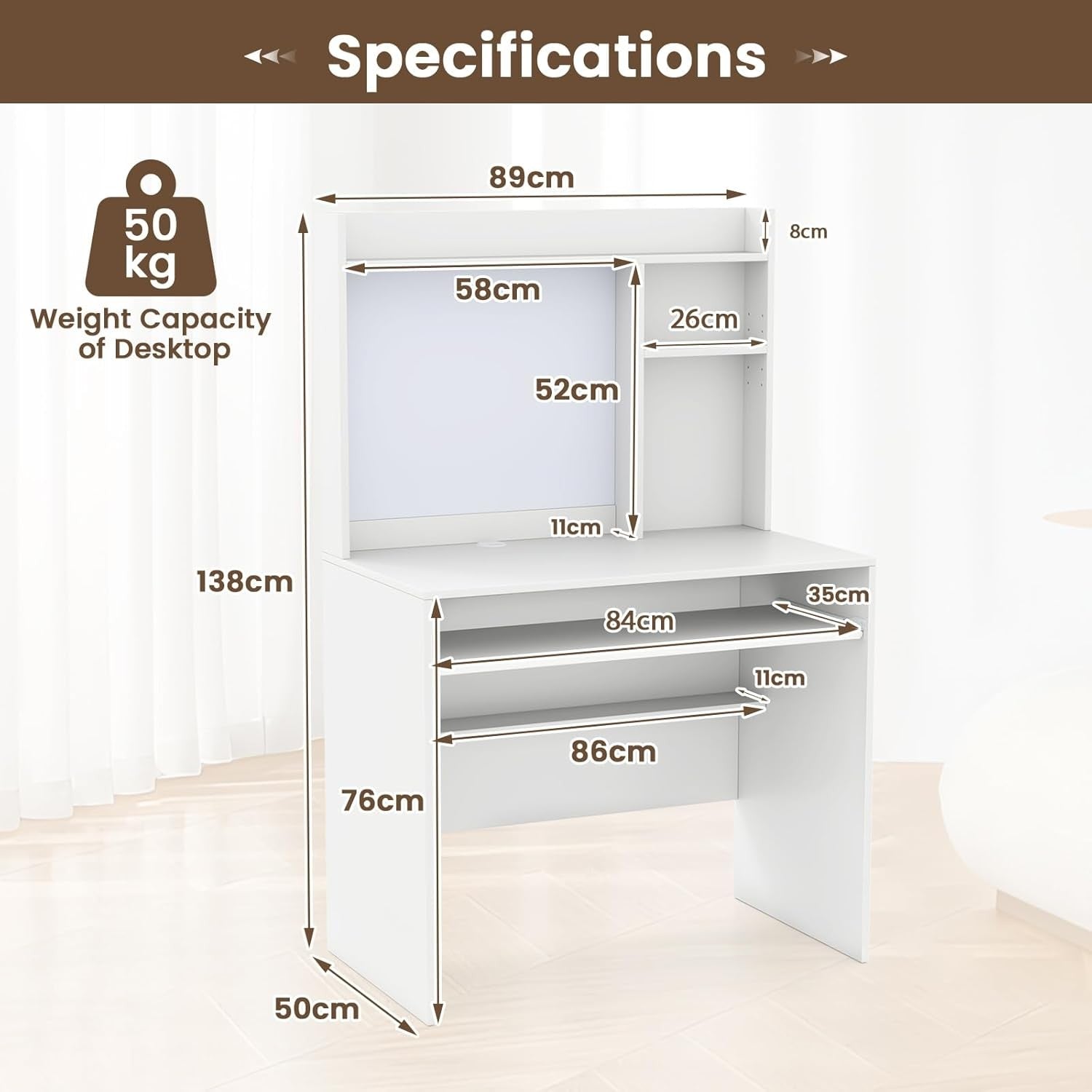 Computer Desk with Hutch Storage Keyboard Tray Study Workstation White