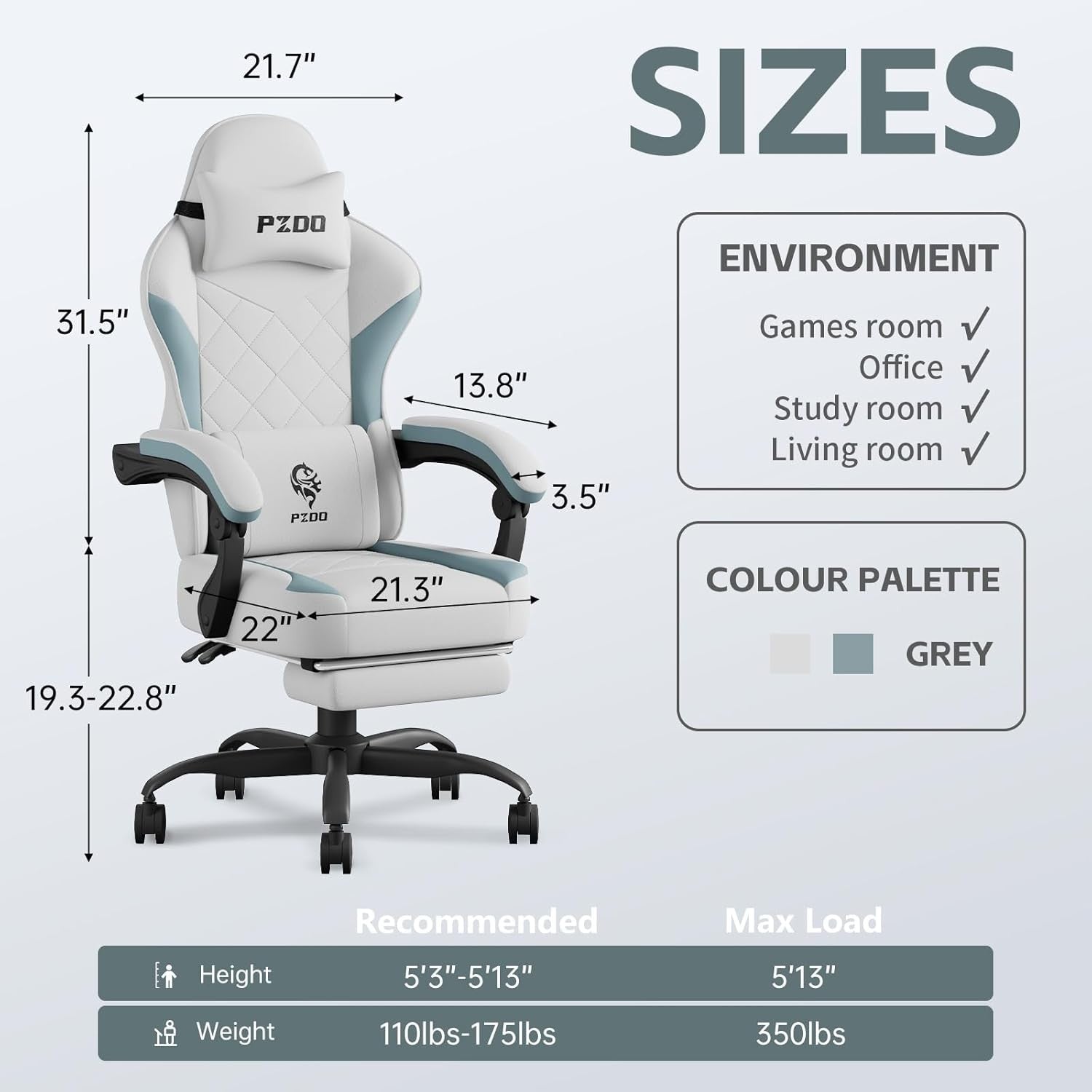 Reclining Office Gaming Chair with Footrest Ergonomic Fabric Grey