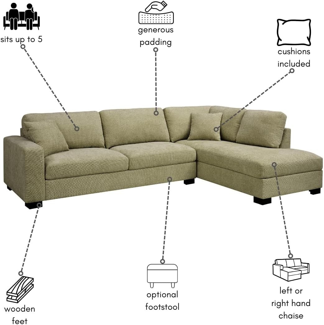 L-Shape Large Corner Sofa 5 Seater Sage Green Chenille Right Hand Facing