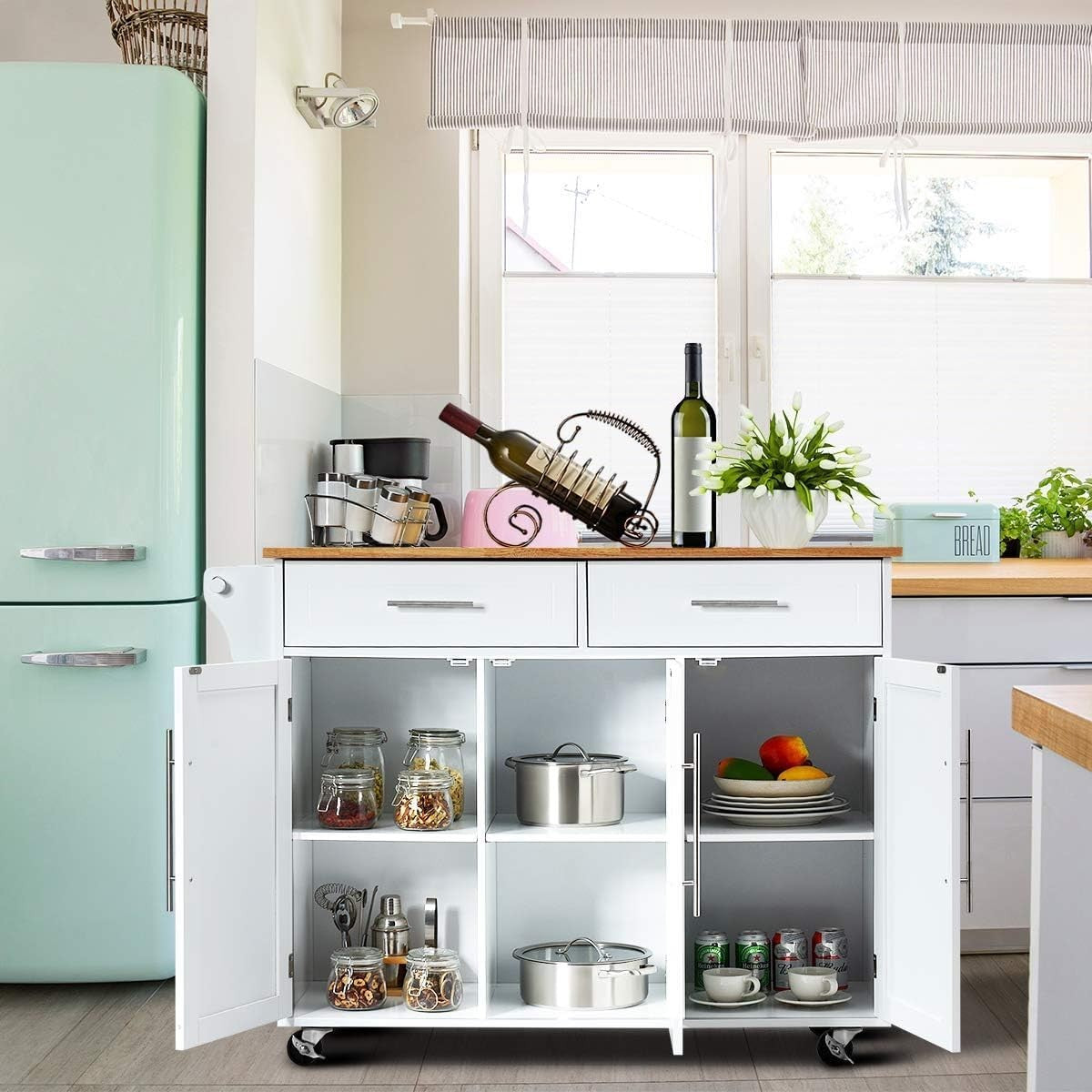 Kitchen Island Trolley on Wheels Storage Cabinet Drawers Knife Rack White
