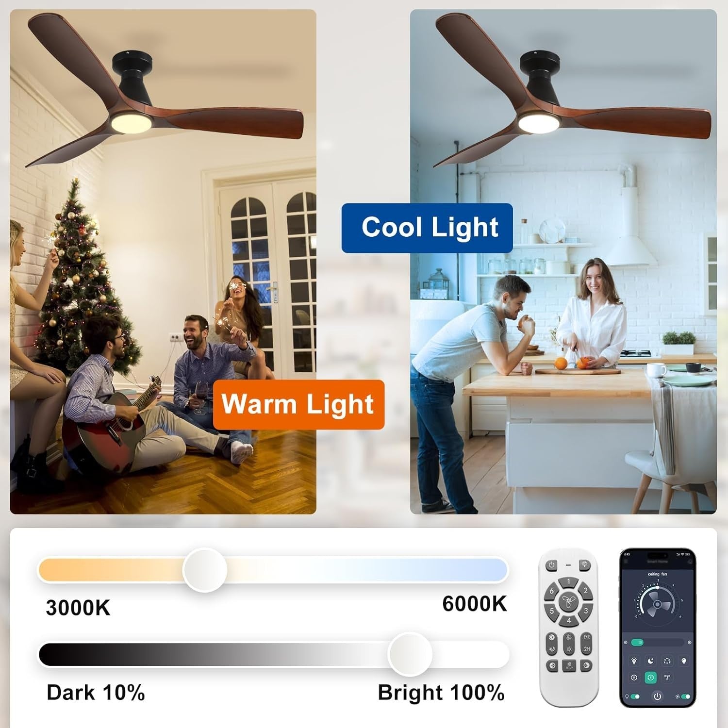 52-Inch Walnut Ceiling Fan with Light, Quiet DC Motor, Remote Control