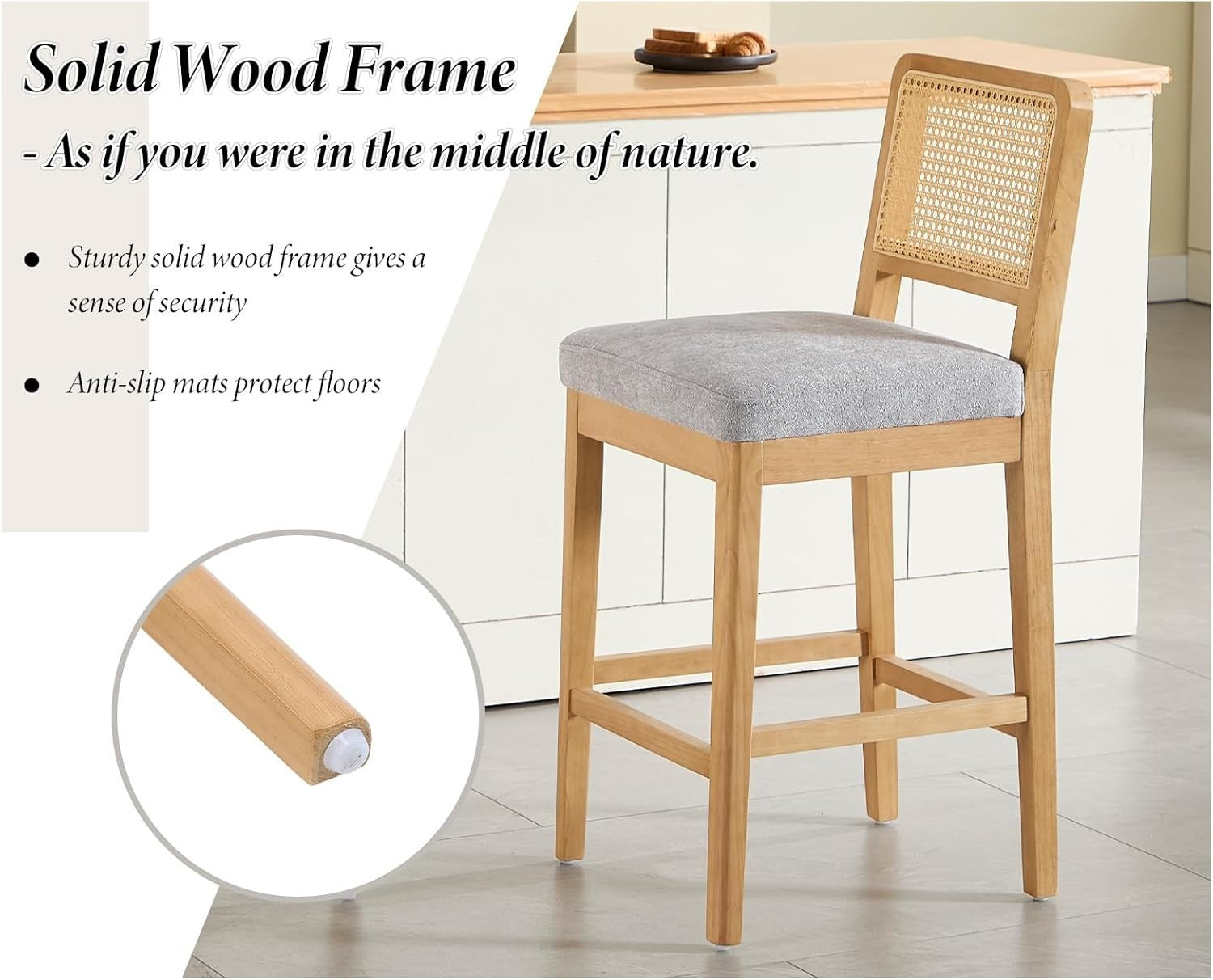 White Chenille Bar Stool Set of 4 with Rattan Back Wooden Legs