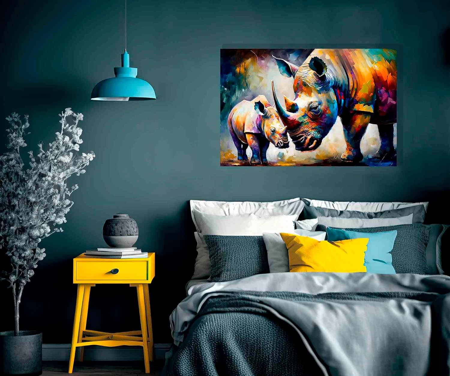 Loving Rhino Mum & Child Canvas Wall Art 40x30cm Abstract Decor