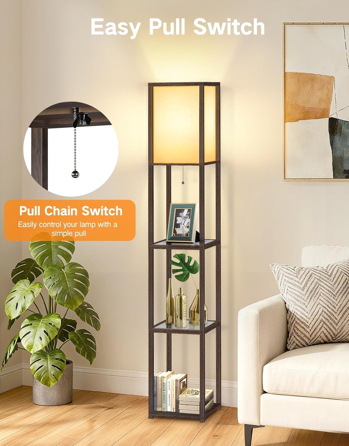 Floor Lamp with Shelves LED Adjustable Colour Standing Storage Light Walnut