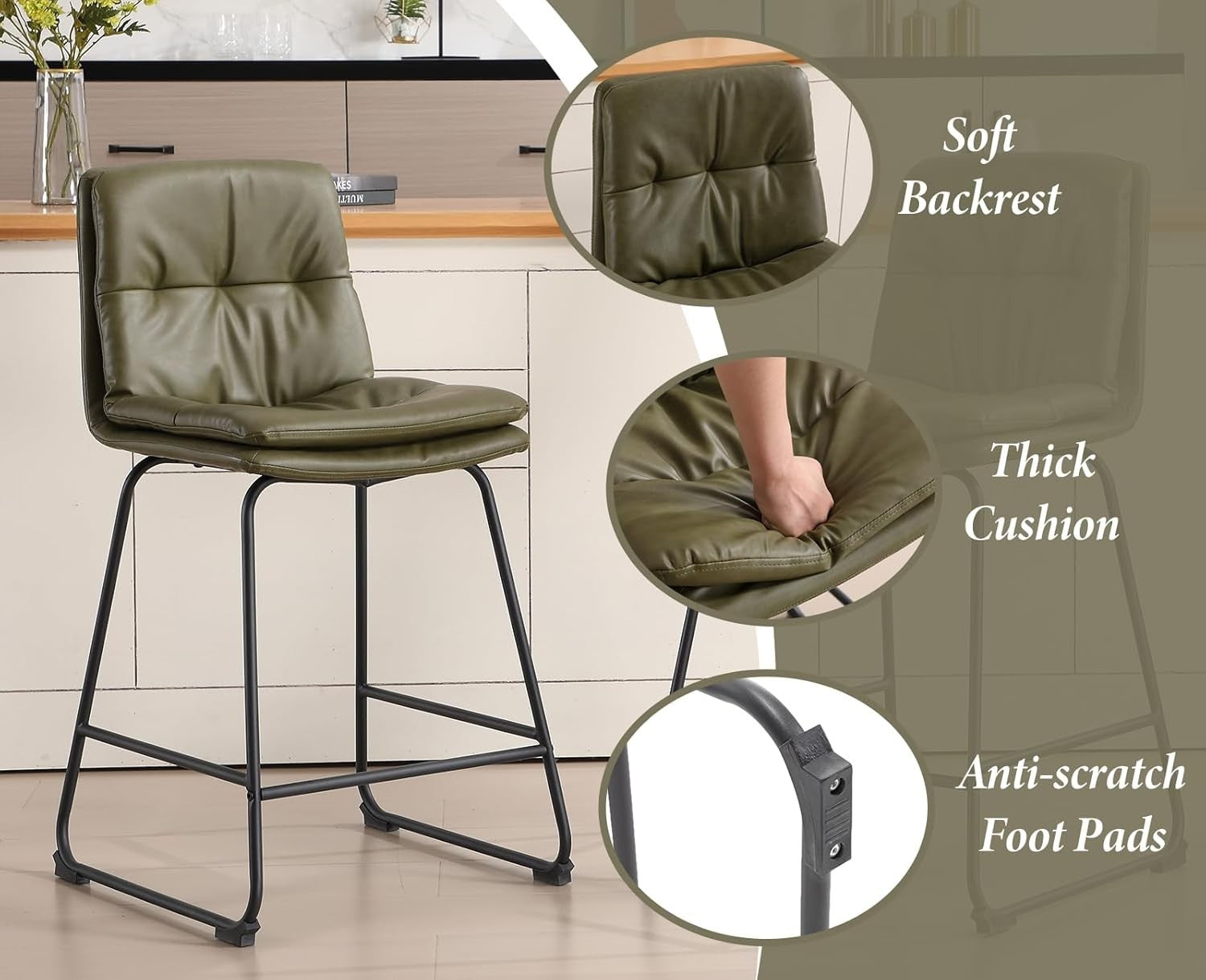 Modern Green Bar Stools Set of 2 – PU Leather Counter Chairs