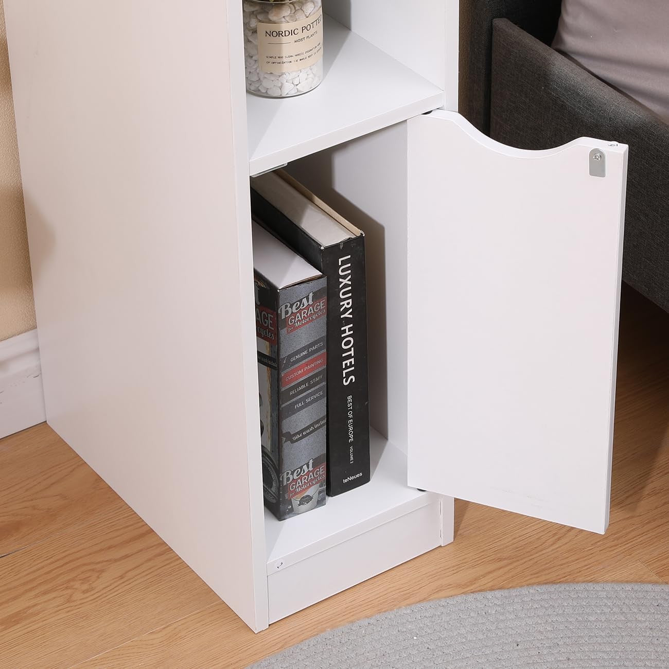 Slim White Bedside Table with Door & Shelf, Narrow Nightstand for Small Spaces