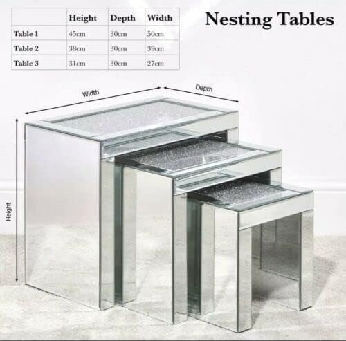 Crushed Diamond Coffee Table Nest Set Mirrored Silver Glass Wood Rectangular