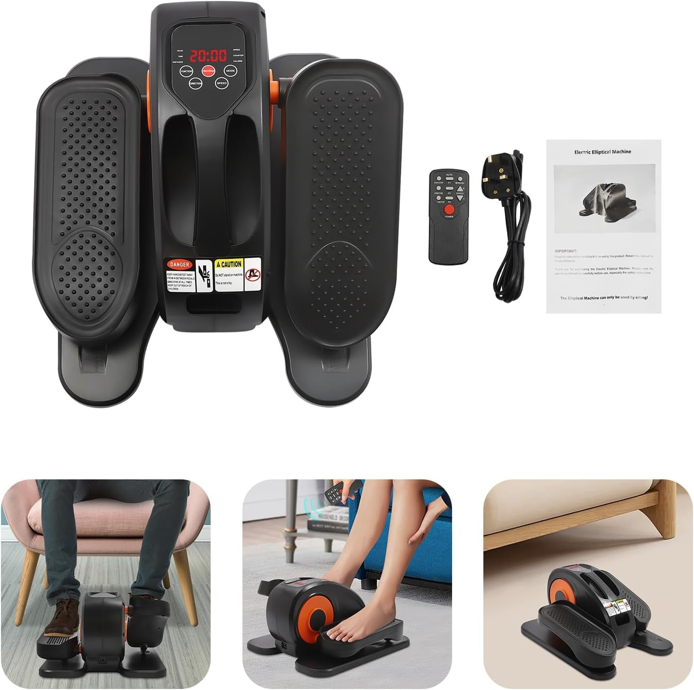 Under Desk Electric Elliptical Pedal Exerciser Quiet Remote LED Seated Trainer
