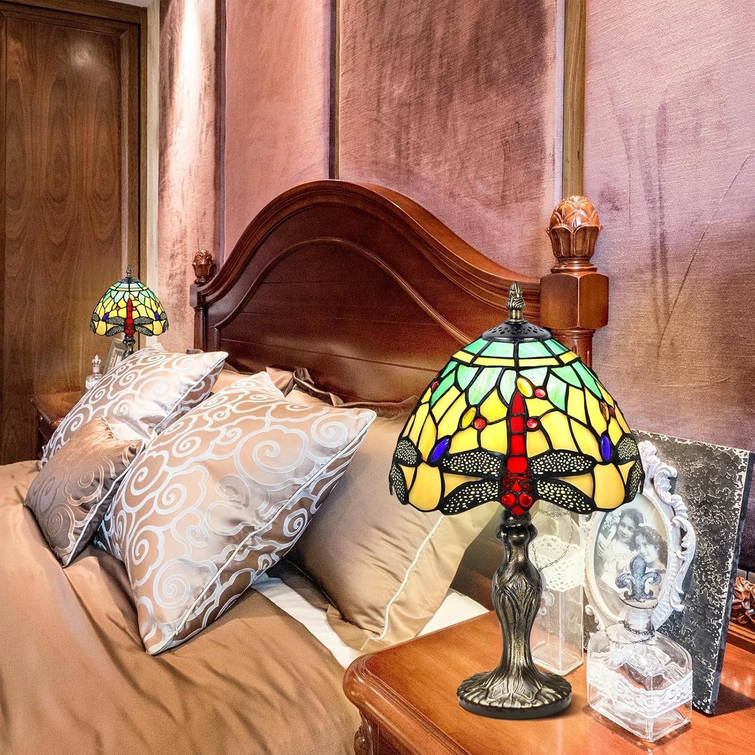 Vintage Stained Glass Table Lamp with Dragonfly Design Warm LED Light
