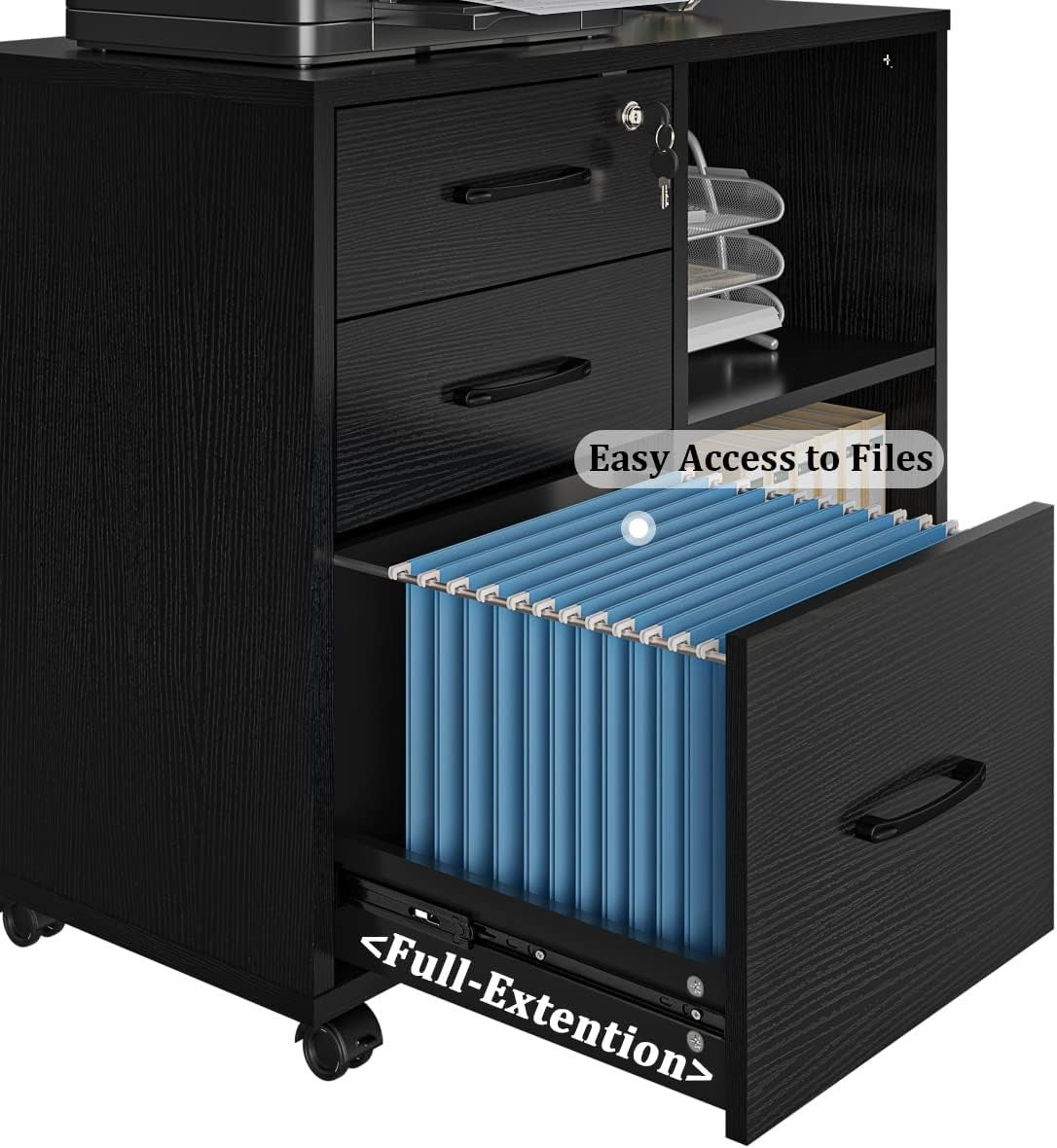 Black Lateral Mobile Filing Cabinet 3 Drawer Printer Stand Storage