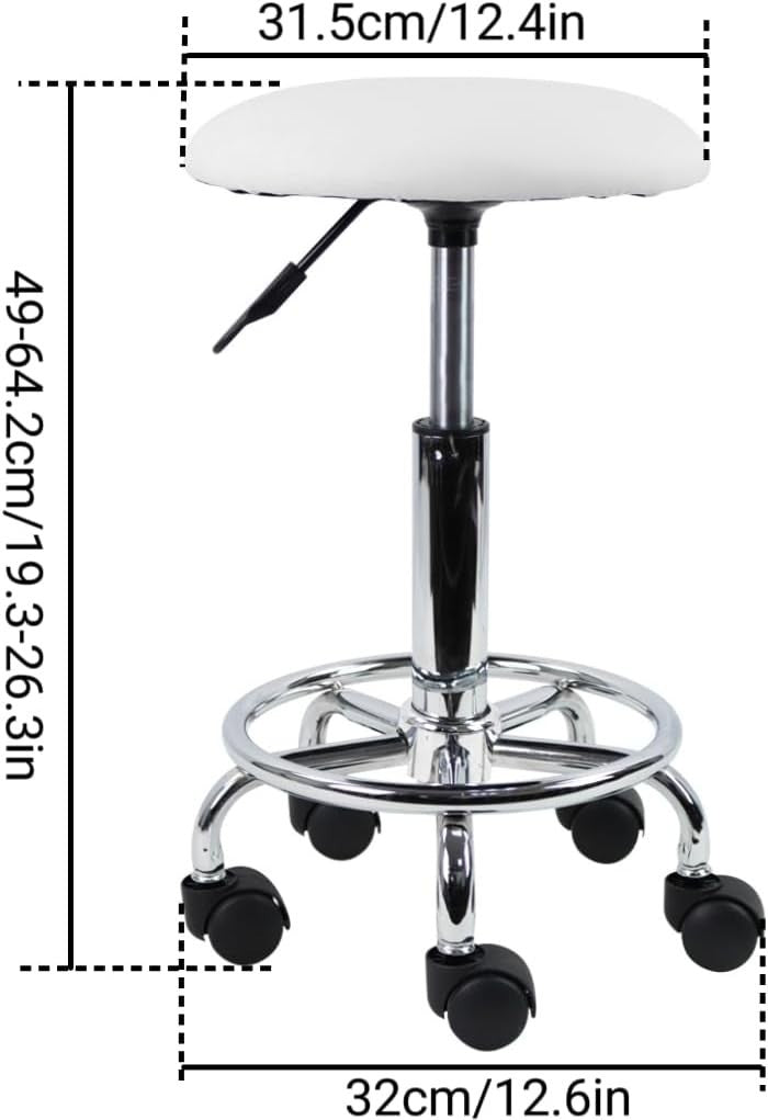 White Adjustable Swivel Rolling Stool with Wheels – PU Leather Seat