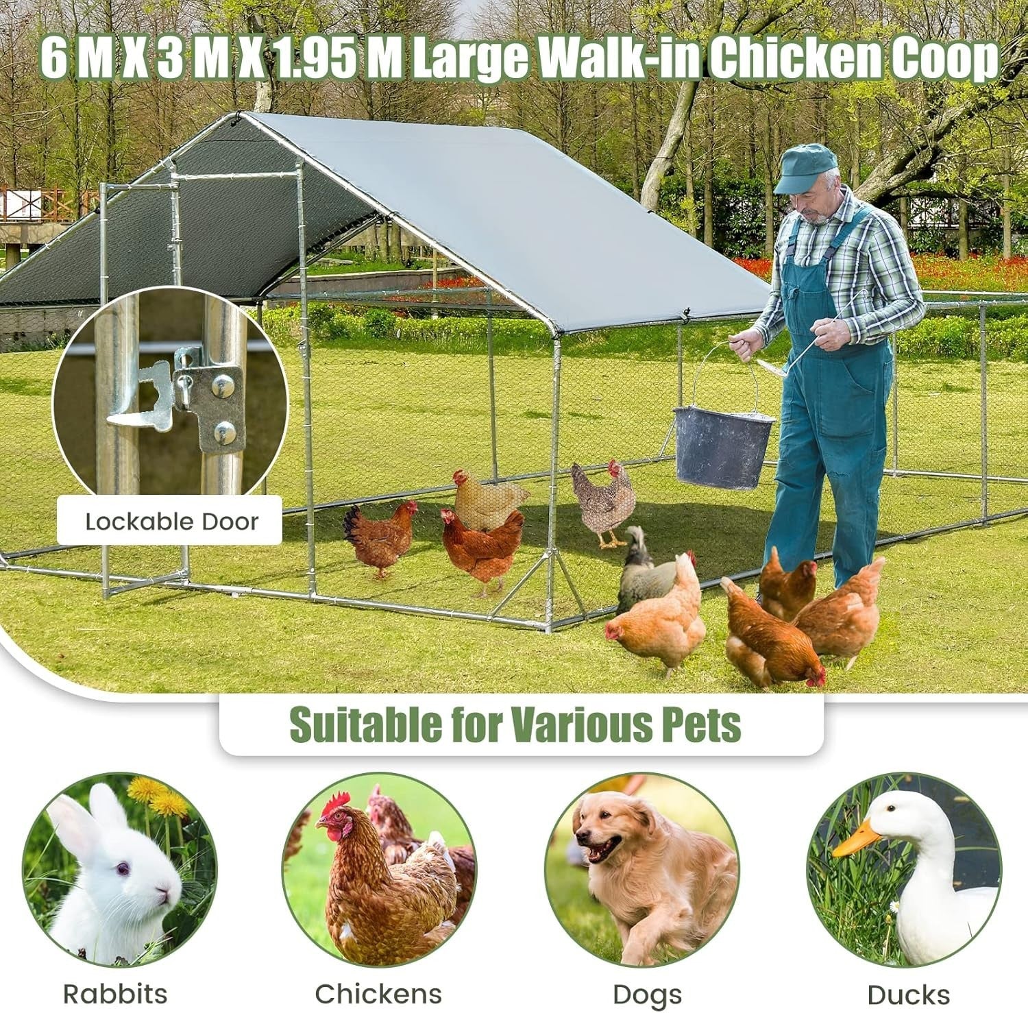 Extra Large Walk In Poultry Run Galvanised Steel Cage Waterproof Roof 6x3m