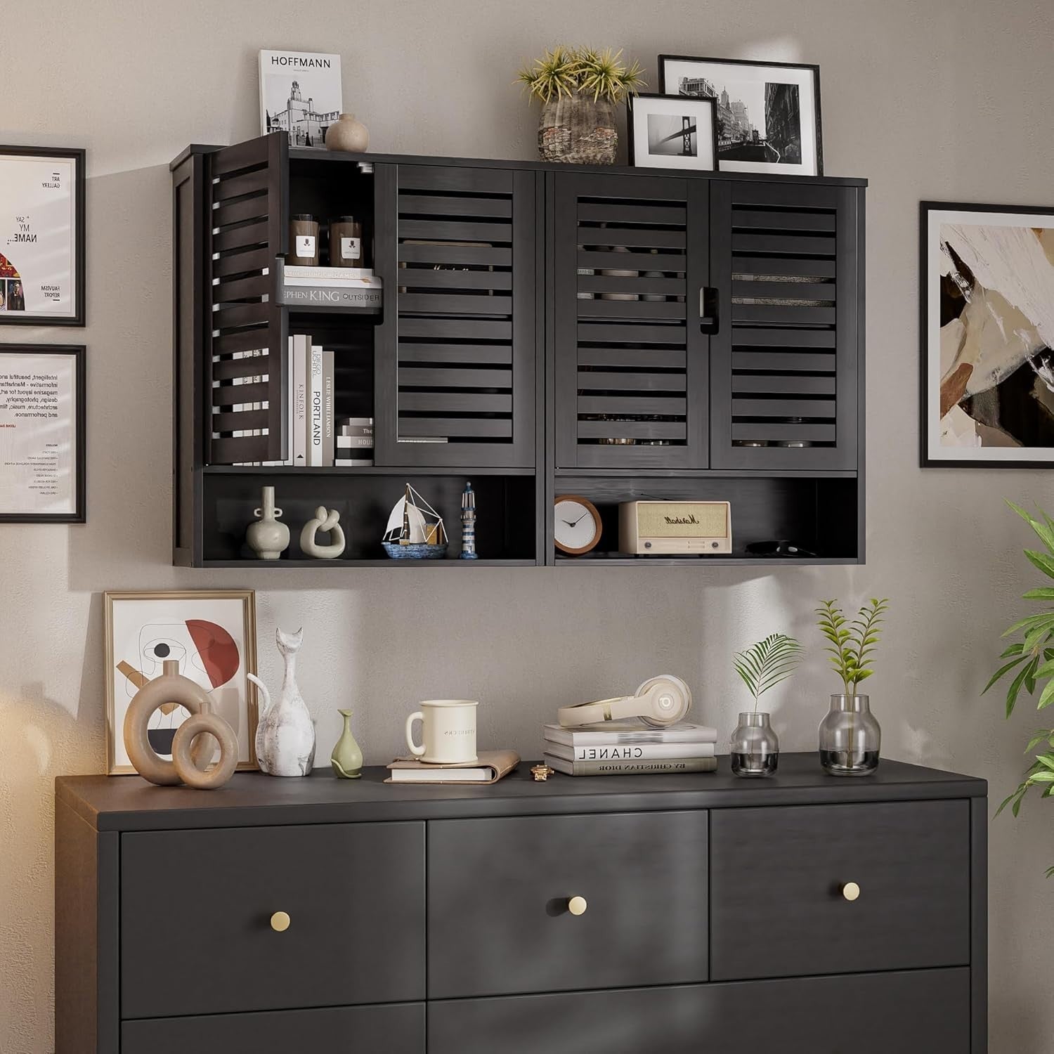 Black Bathroom Wall Cabinet – Over Toilet Storage, 2 Doors, Adjustable Shelves