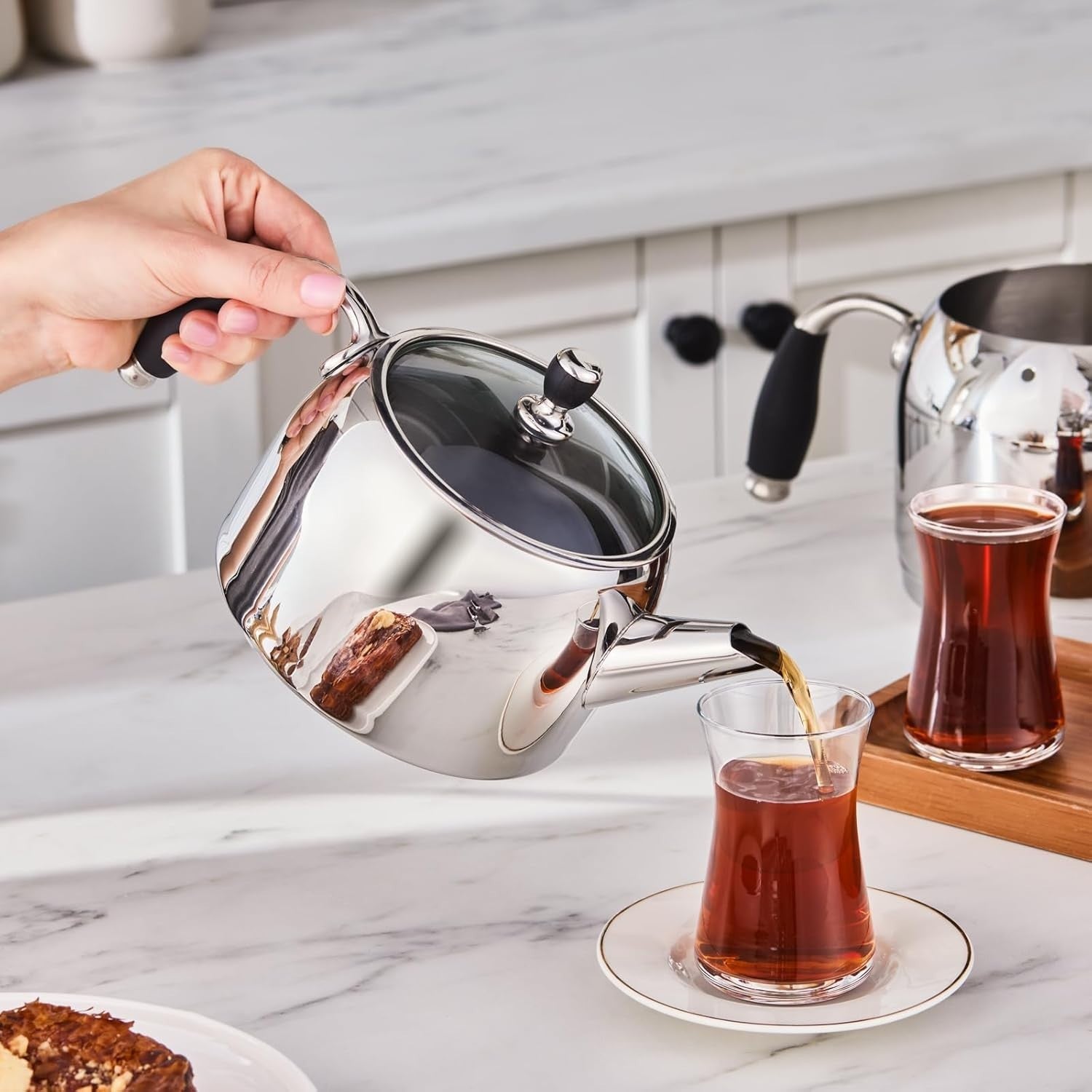 Turkish Teapot Set Stainless Steel 3L Tea Maker Induction Hob Safe