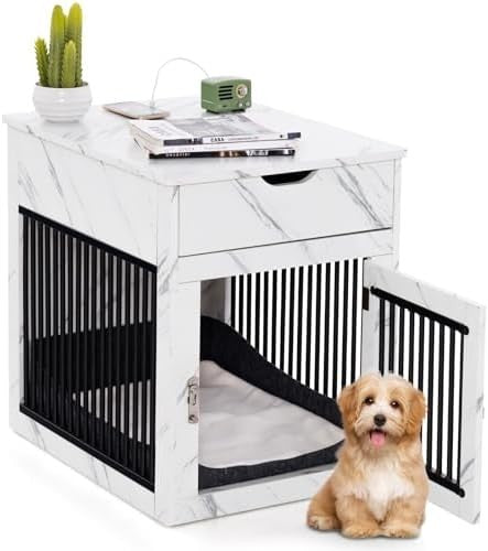 Wooden Dog Crate Side Table with Drawer, Plush Pad & USB Charging