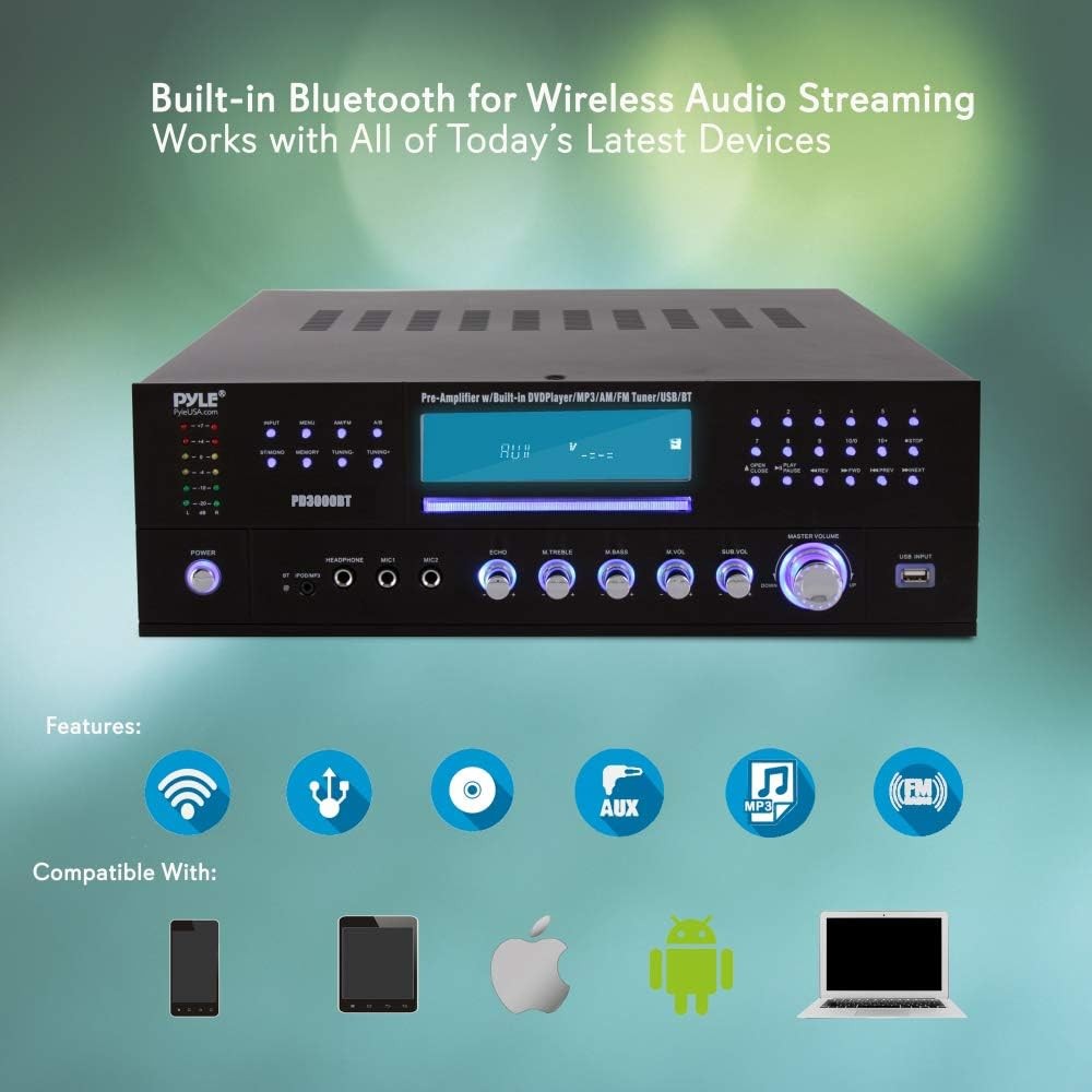 4-Channel 3000W Home Theater Bluetooth Amplifier USB Mic CD DVD